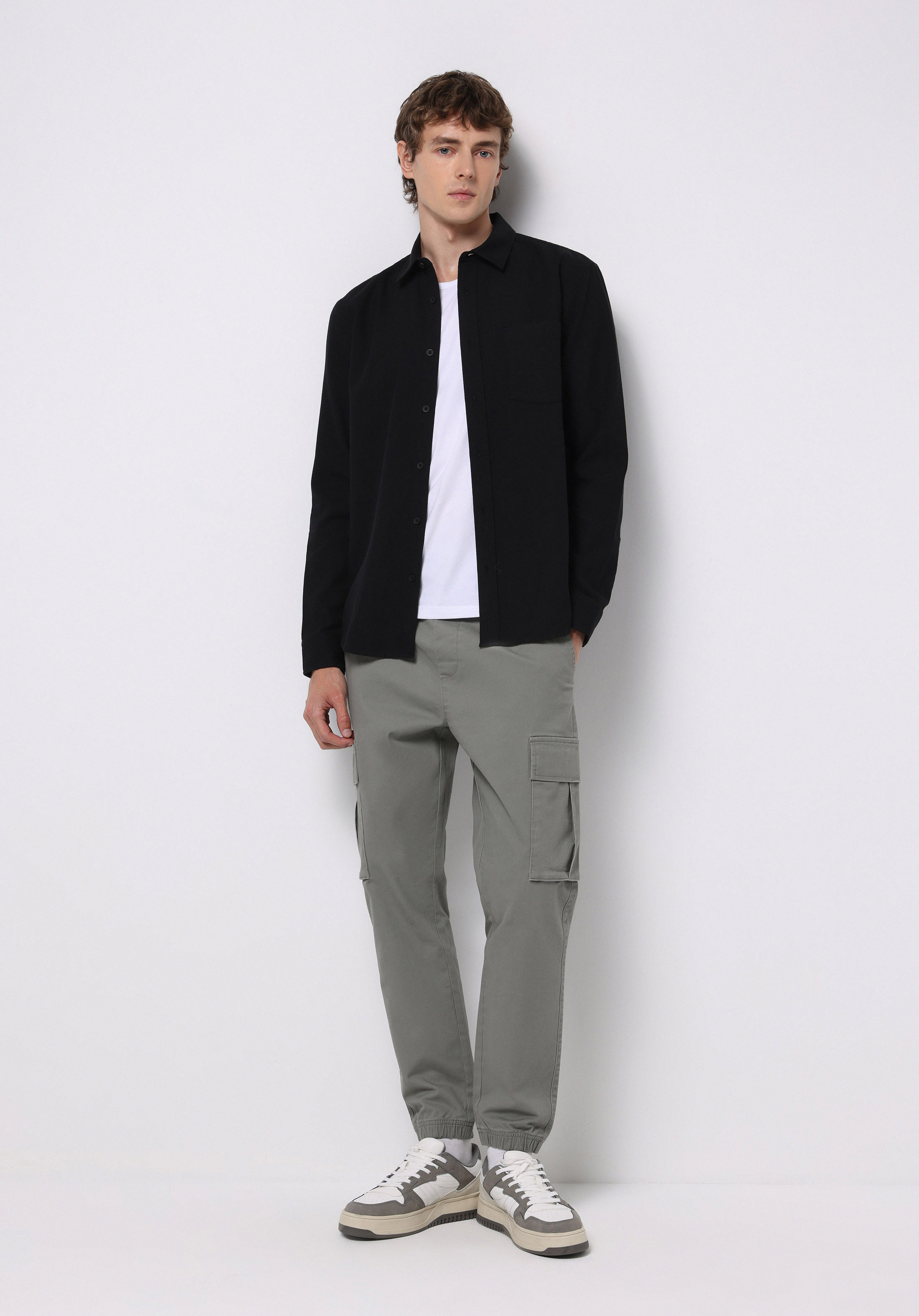 Slim Fit Shirt Neck Ekoseli Erkek Siyah Uzun Kol Gömlek