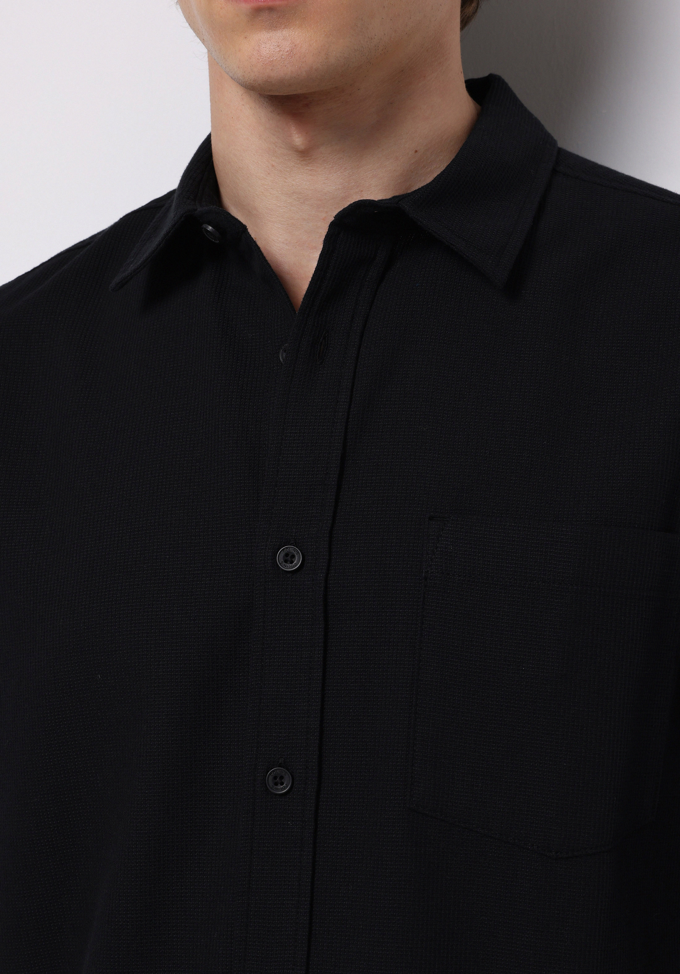 Slim Fit Shirt Neck Ekoseli Erkek Siyah Uzun Kol Gömlek