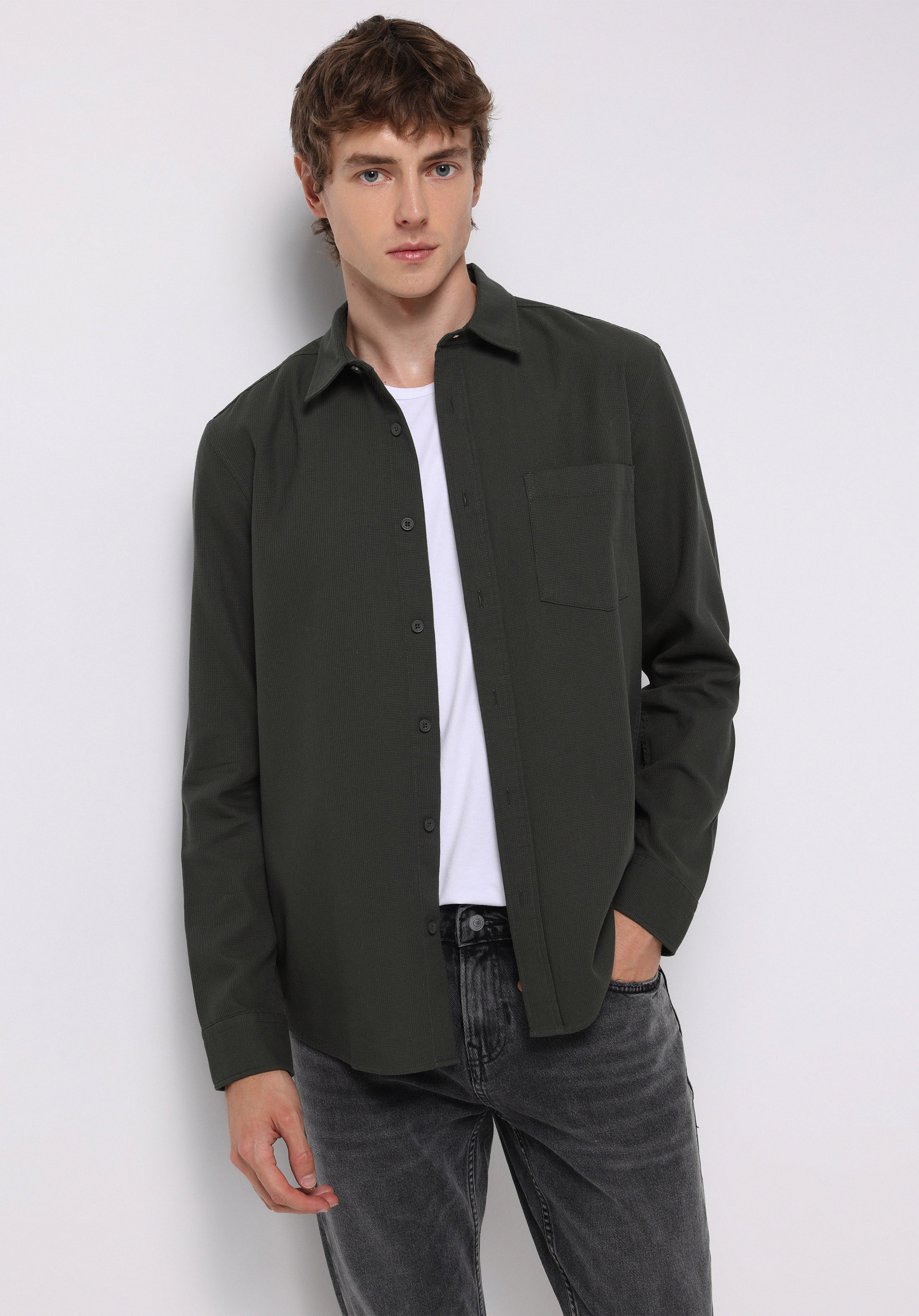 Slim Fit Shirt Neck Ekoseli Erkek Yeşil Uzun Kol Gömlek