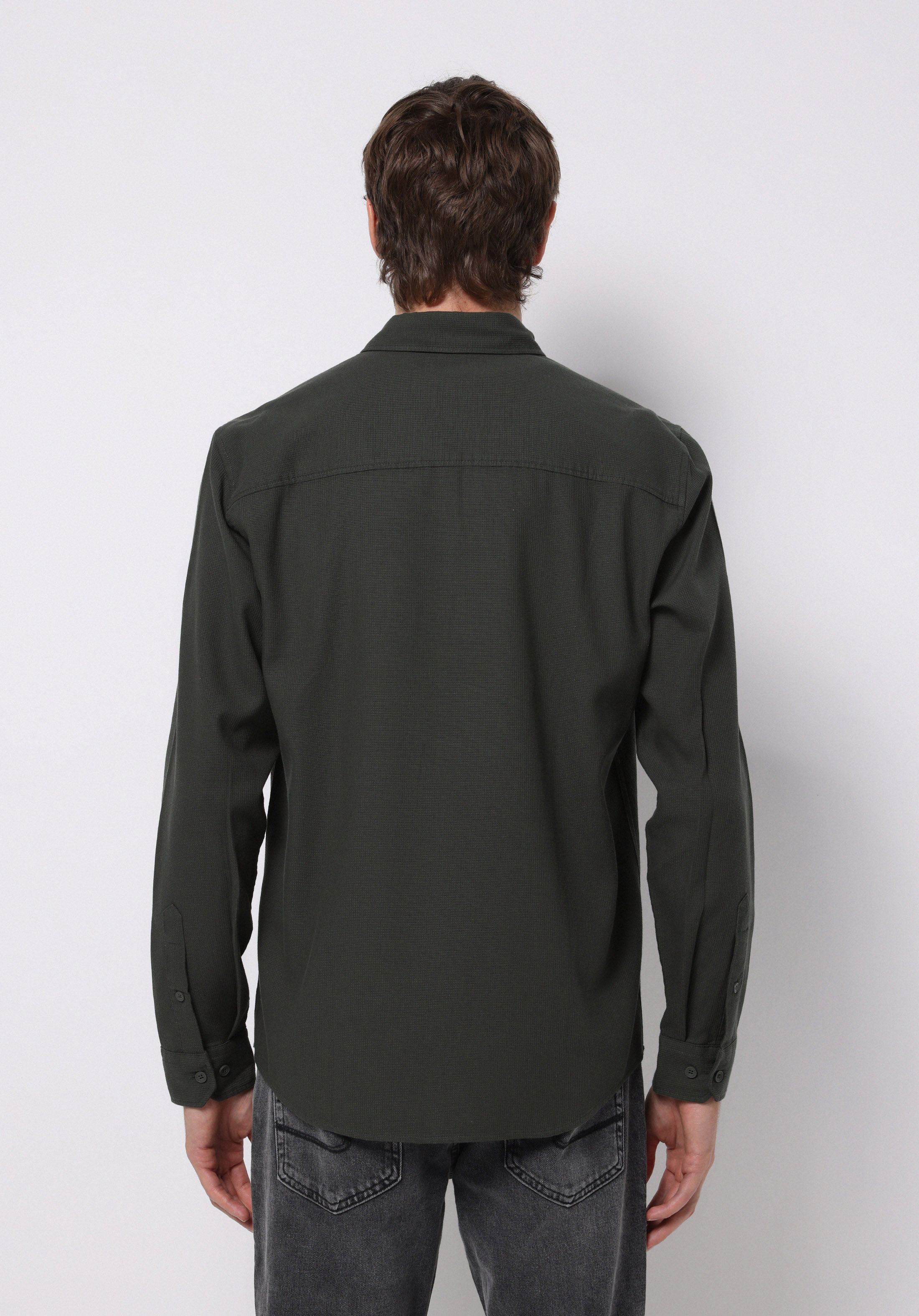 Slim Fit Shirt Neck Ekoseli Erkek Yeşil Uzun Kol Gömlek