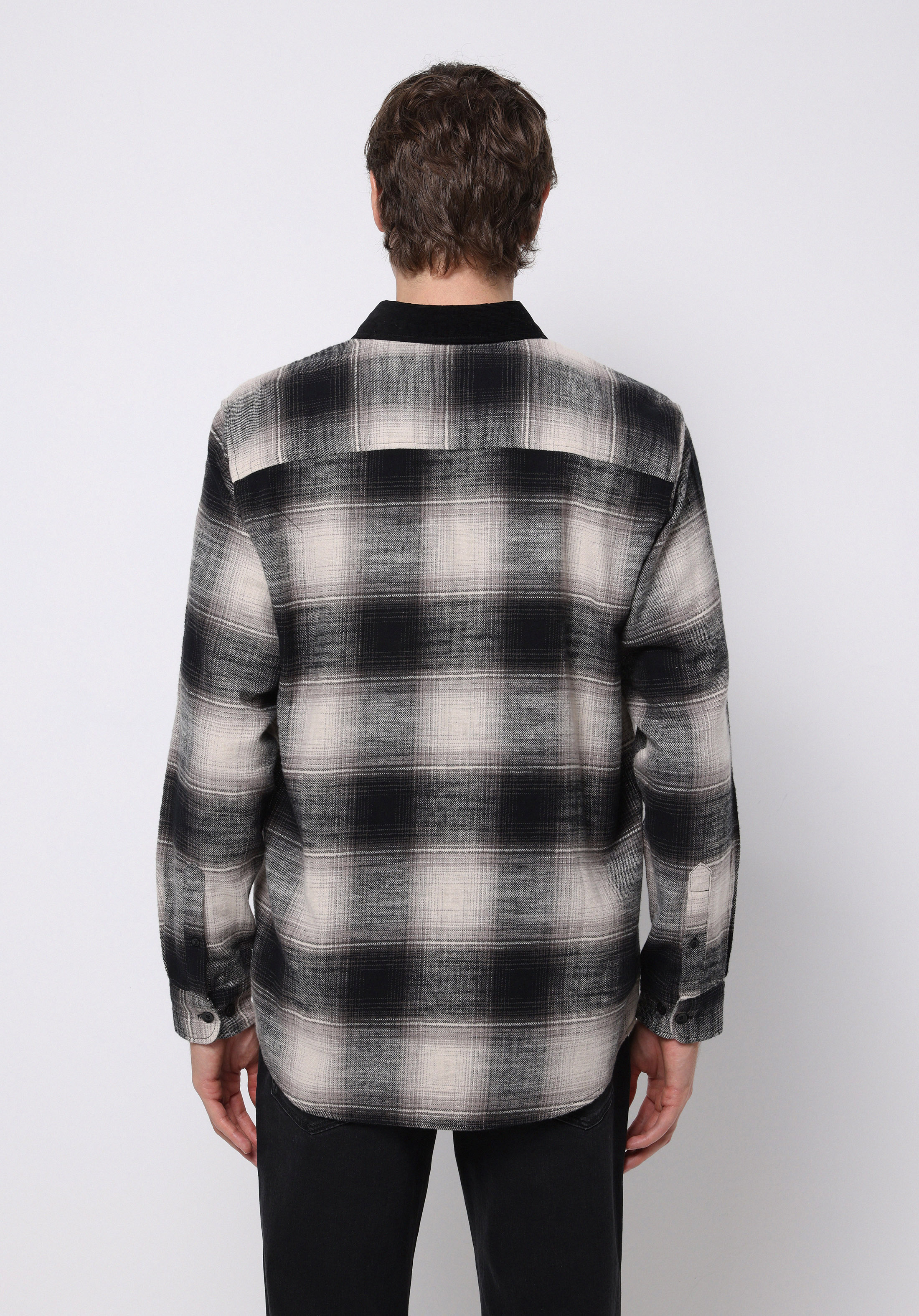 Comfort Fit Shirt Neck Kareli Erkek Siyah Uzun Kol Gömlek