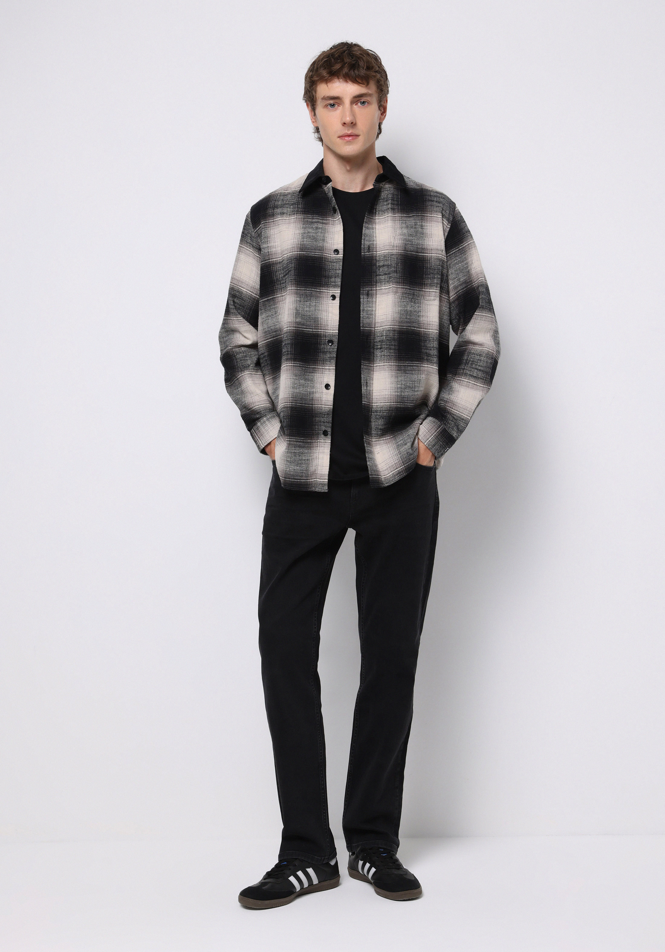 Comfort Fit Shirt Neck Kareli Erkek Siyah Uzun Kol Gömlek