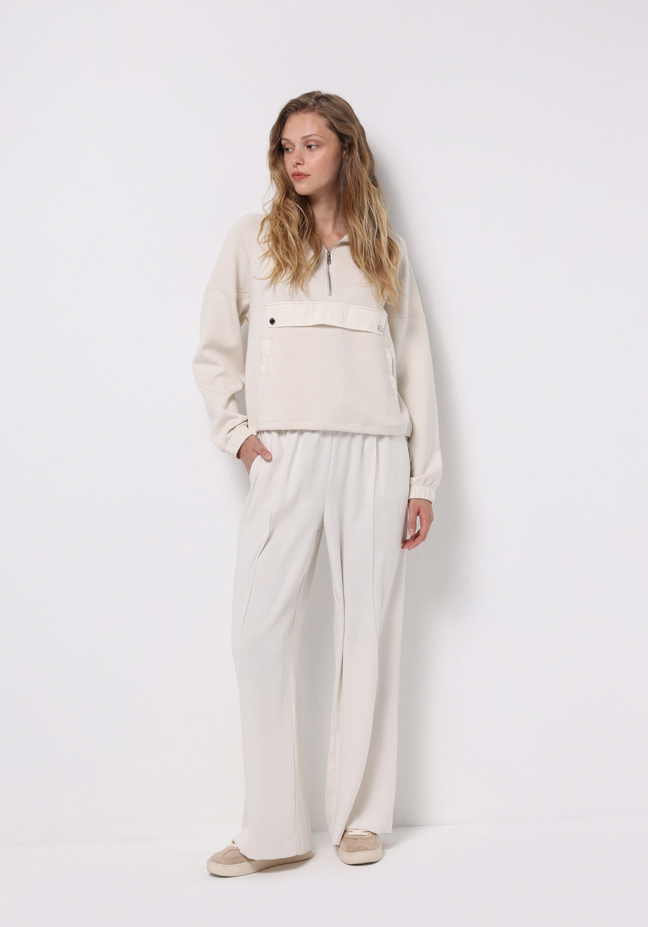 Regular Fit Fermuarlı Düz Kadın Ekru Sweatshirt