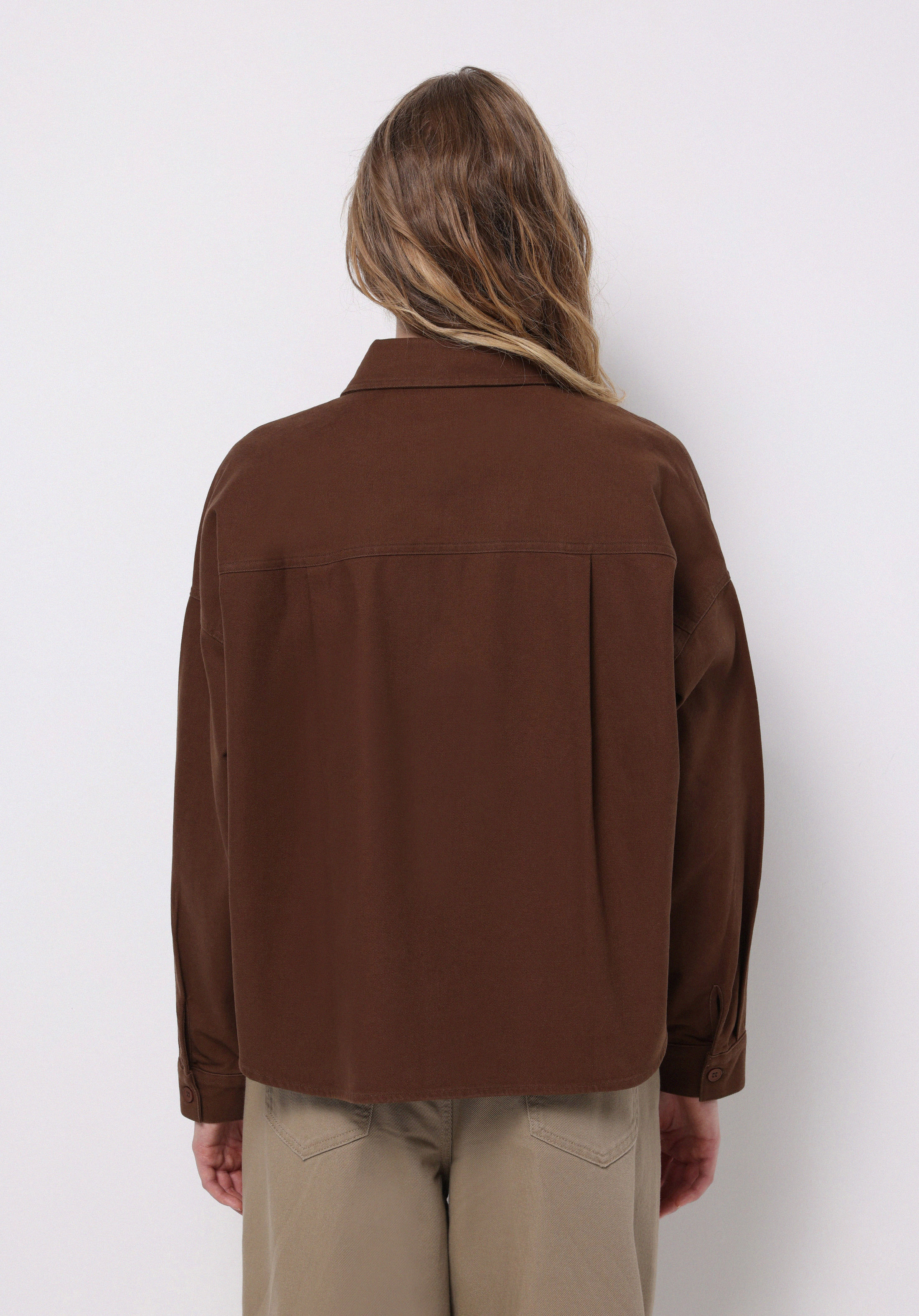 Relax Fit Shirt Neck Düz Kadın Kahverengi Uzun Kol Gömlek