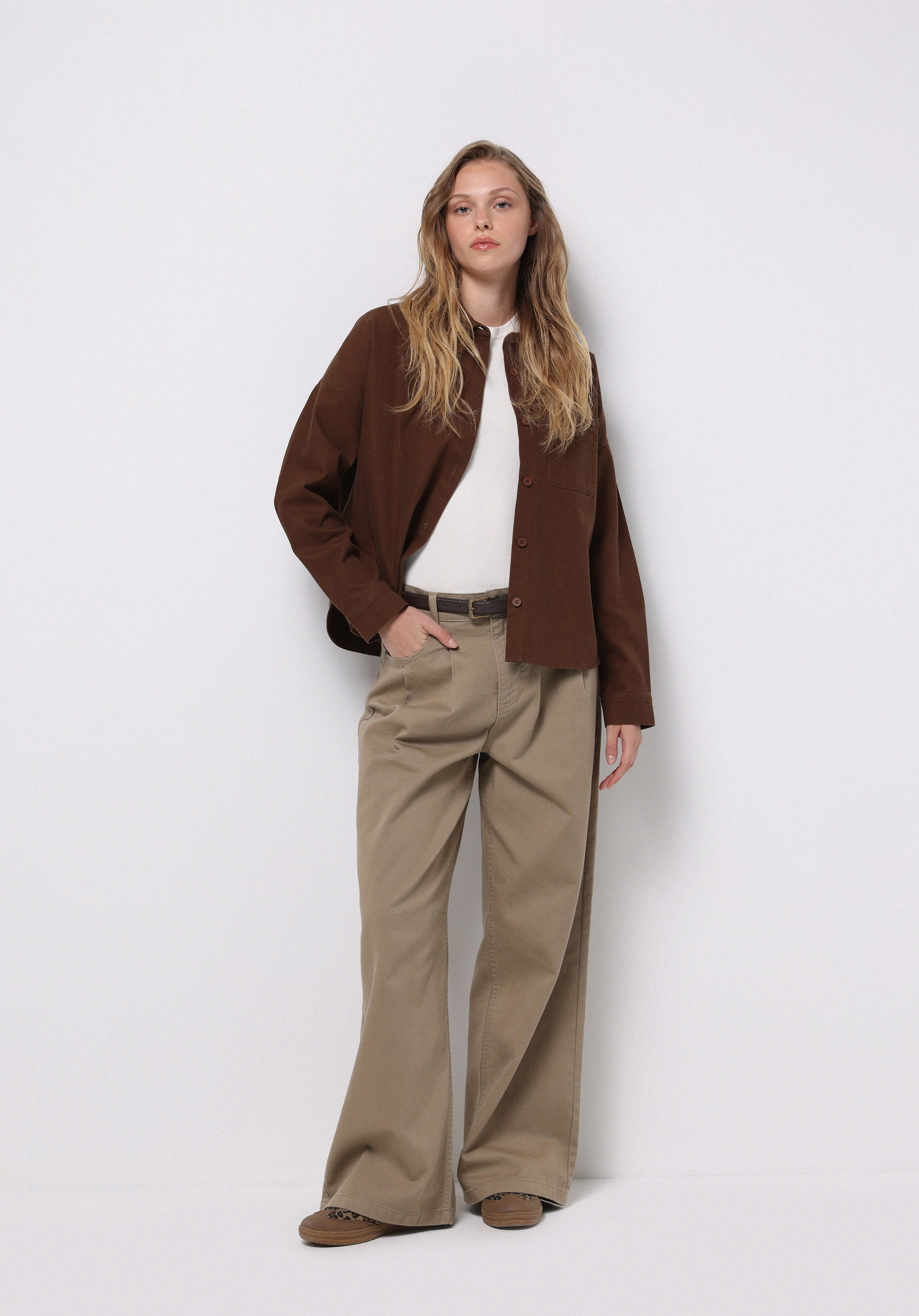 Relax Fit Shirt Neck Düz Kadın Kahverengi Uzun Kol Gömlek