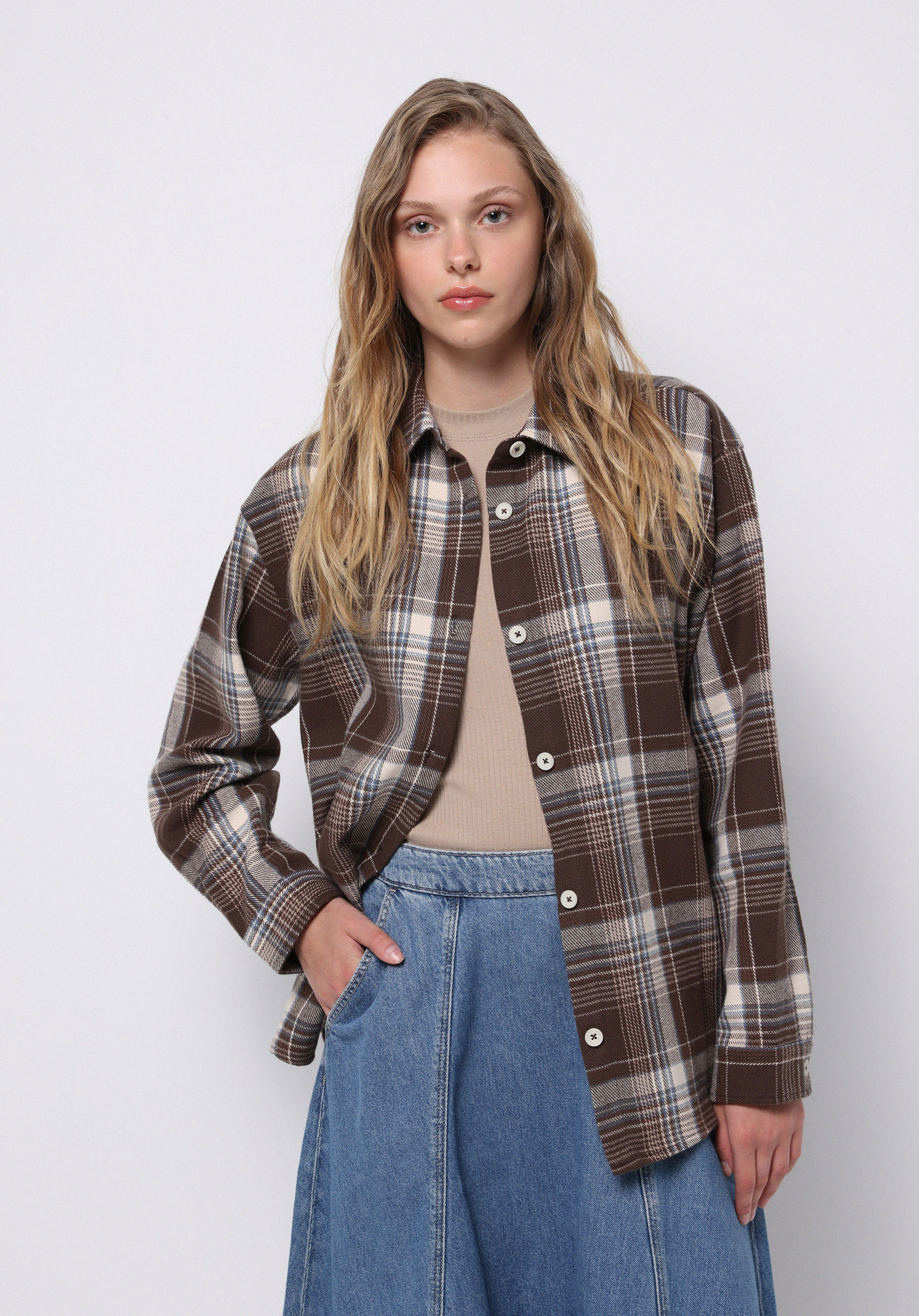 Regular Fit Shirt Neck Ekoseli Kadın Kahverengi Uzun Kol Gömlek