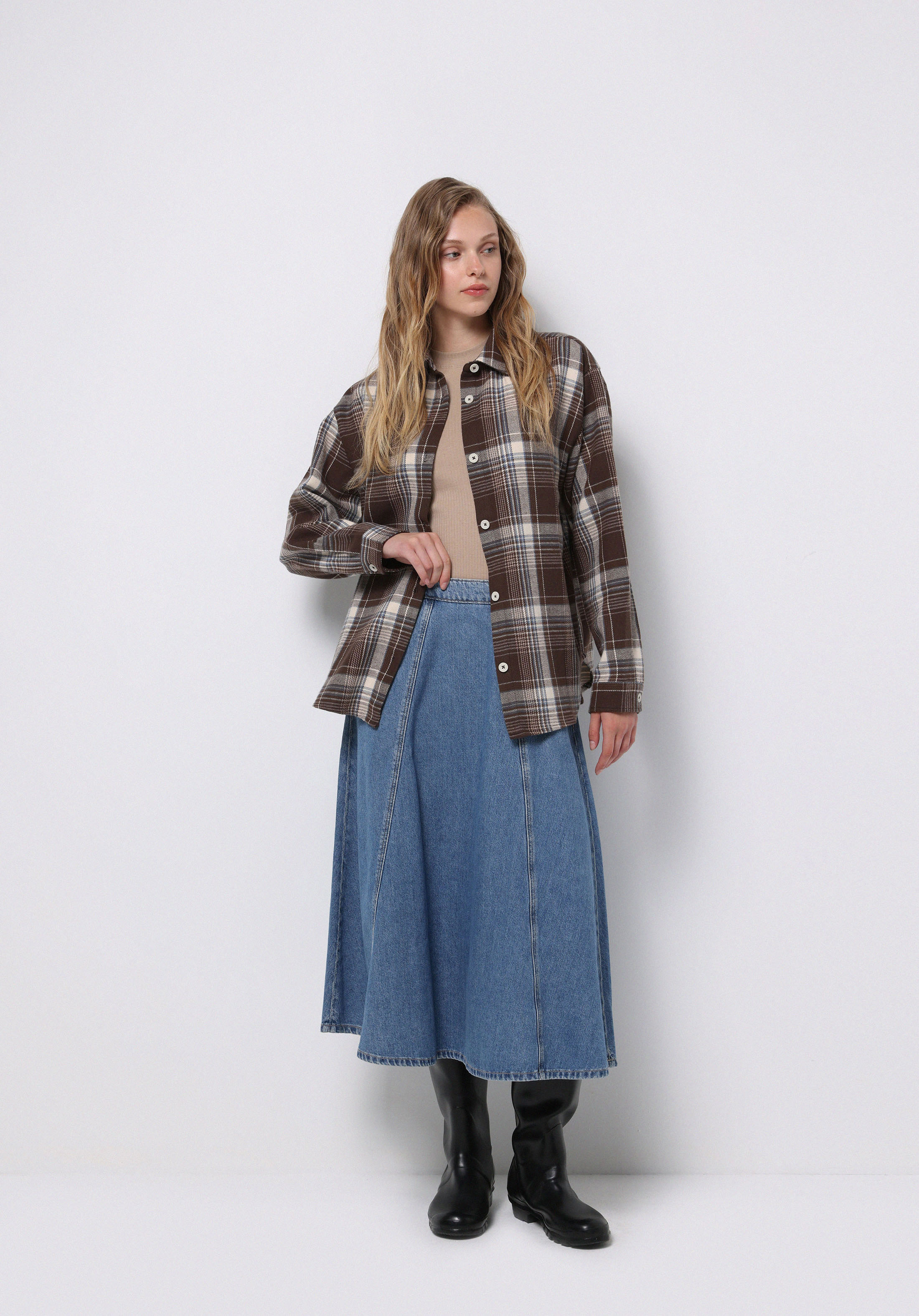 Regular Fit Shirt Neck Ekoseli Kadın Kahverengi Uzun Kol Gömlek