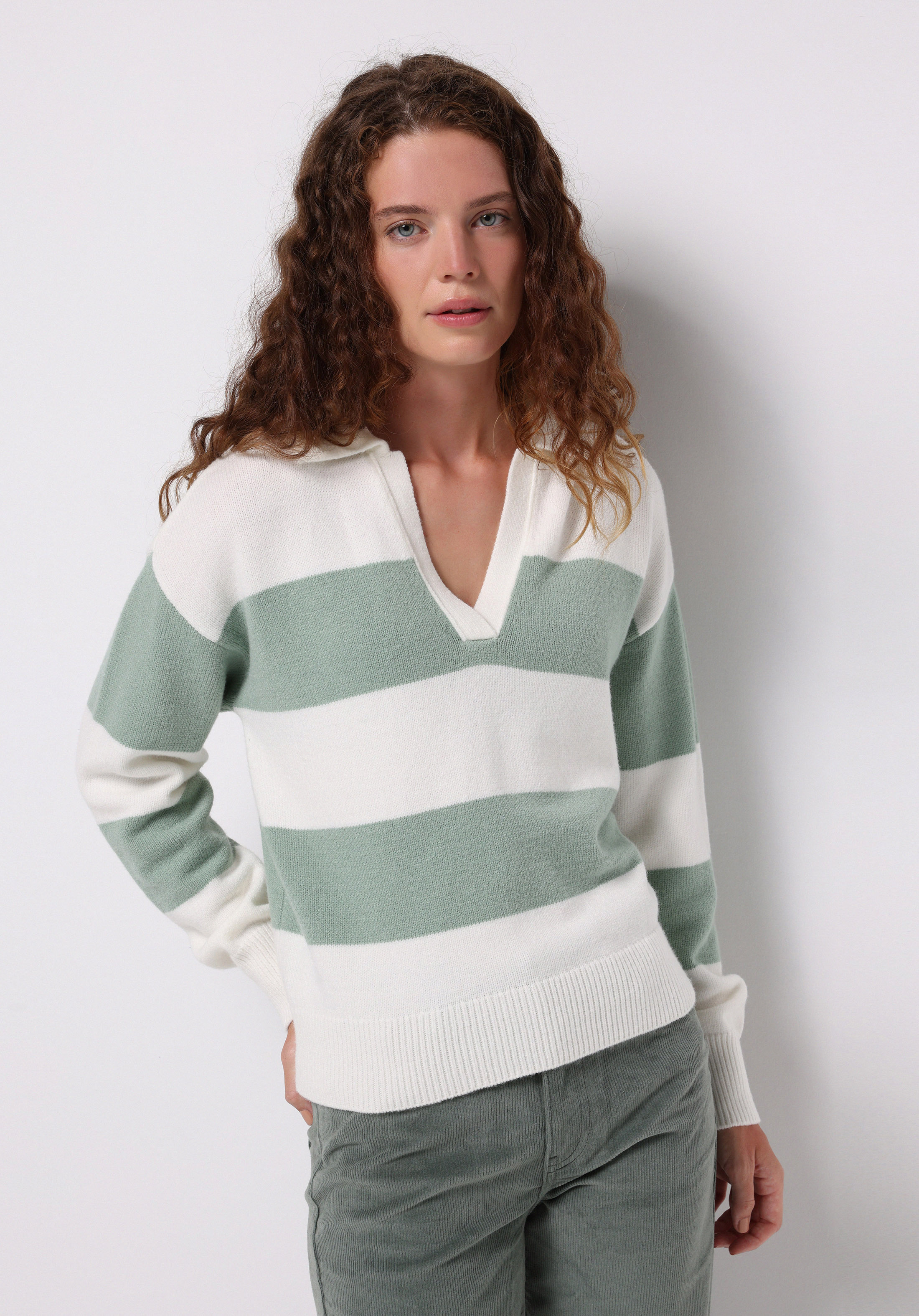 Regular Fit Polo Yaka Çizgili Kadın Yeşil Kazak