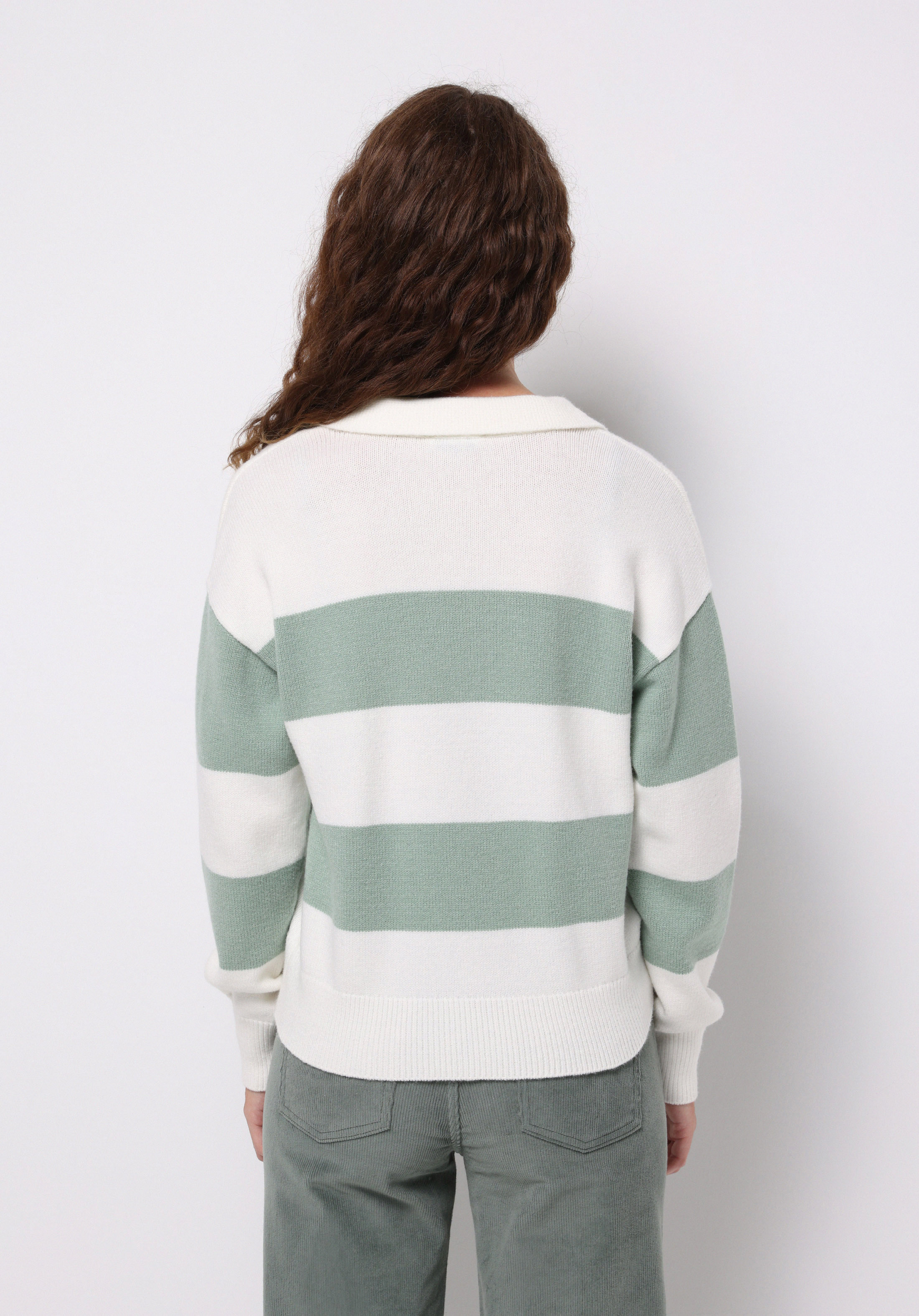 Regular Fit Polo Yaka Çizgili Kadın Yeşil Kazak