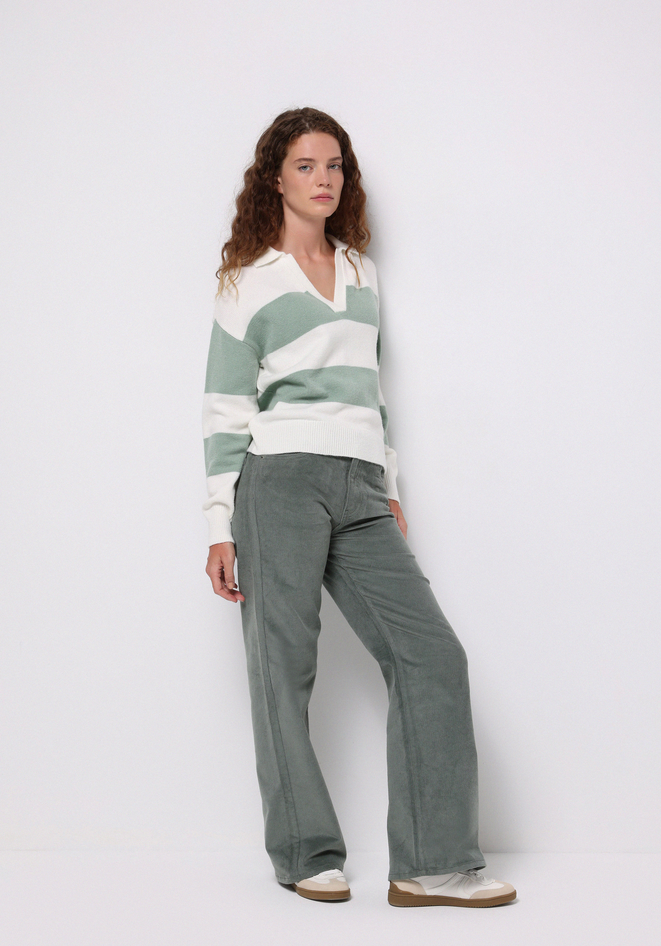 Regular Fit Polo Yaka Çizgili Kadın Yeşil Kazak