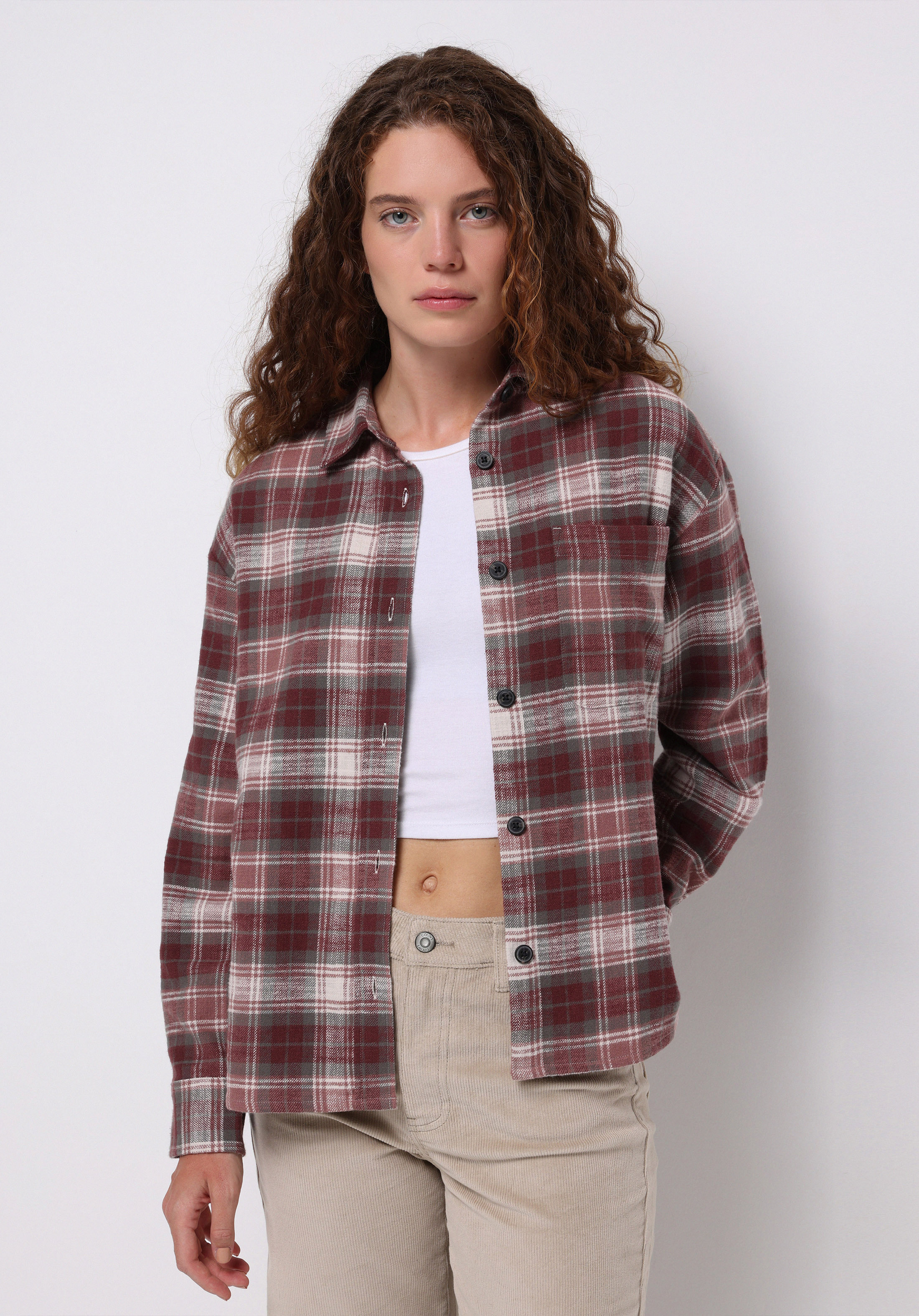 Regular Fit Shirt Neck Ekoseli Kadın Pembe Uzun Kol Gömlek