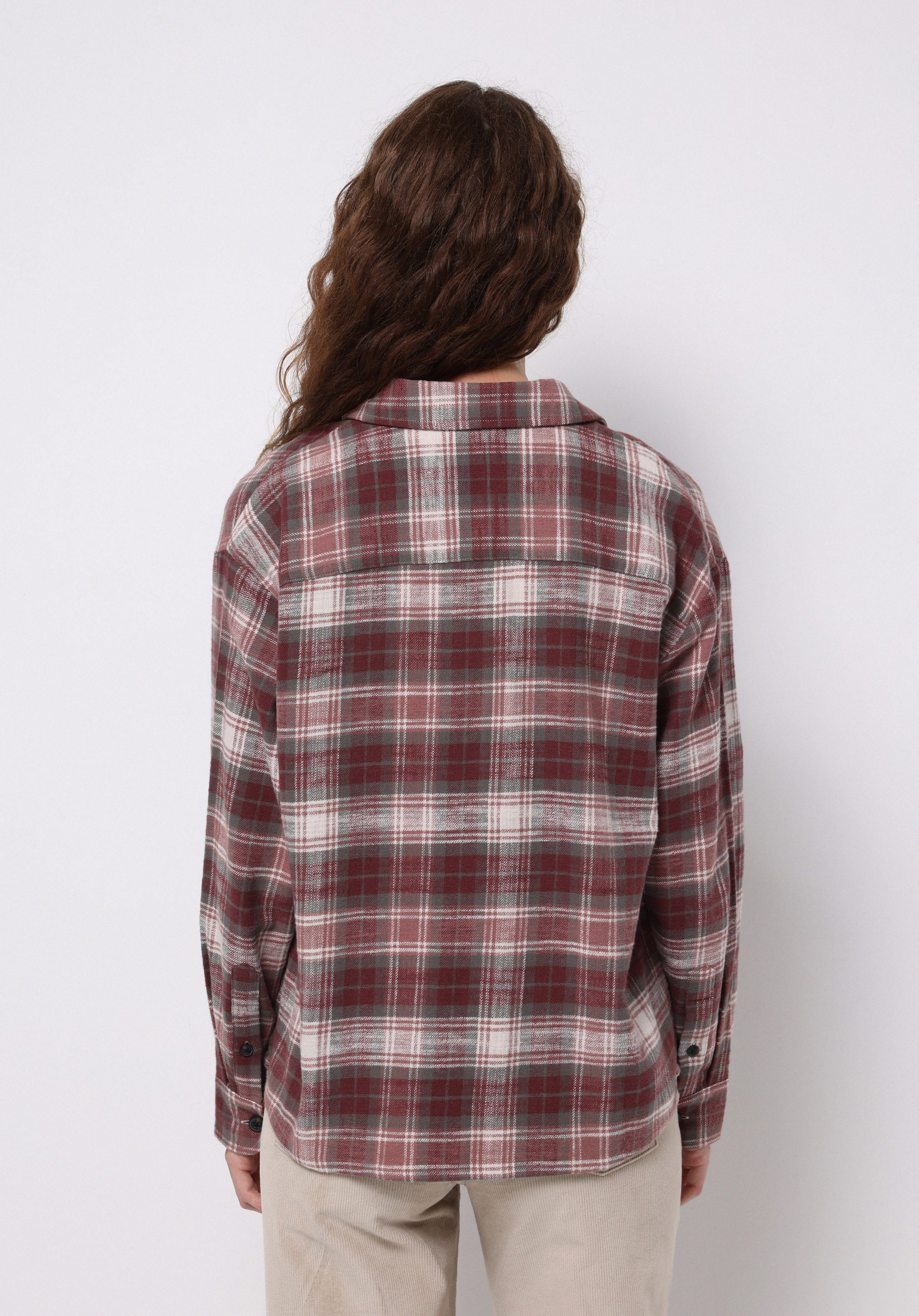 Regular Fit Shirt Neck Ekoseli Kadın Pembe Uzun Kol Gömlek