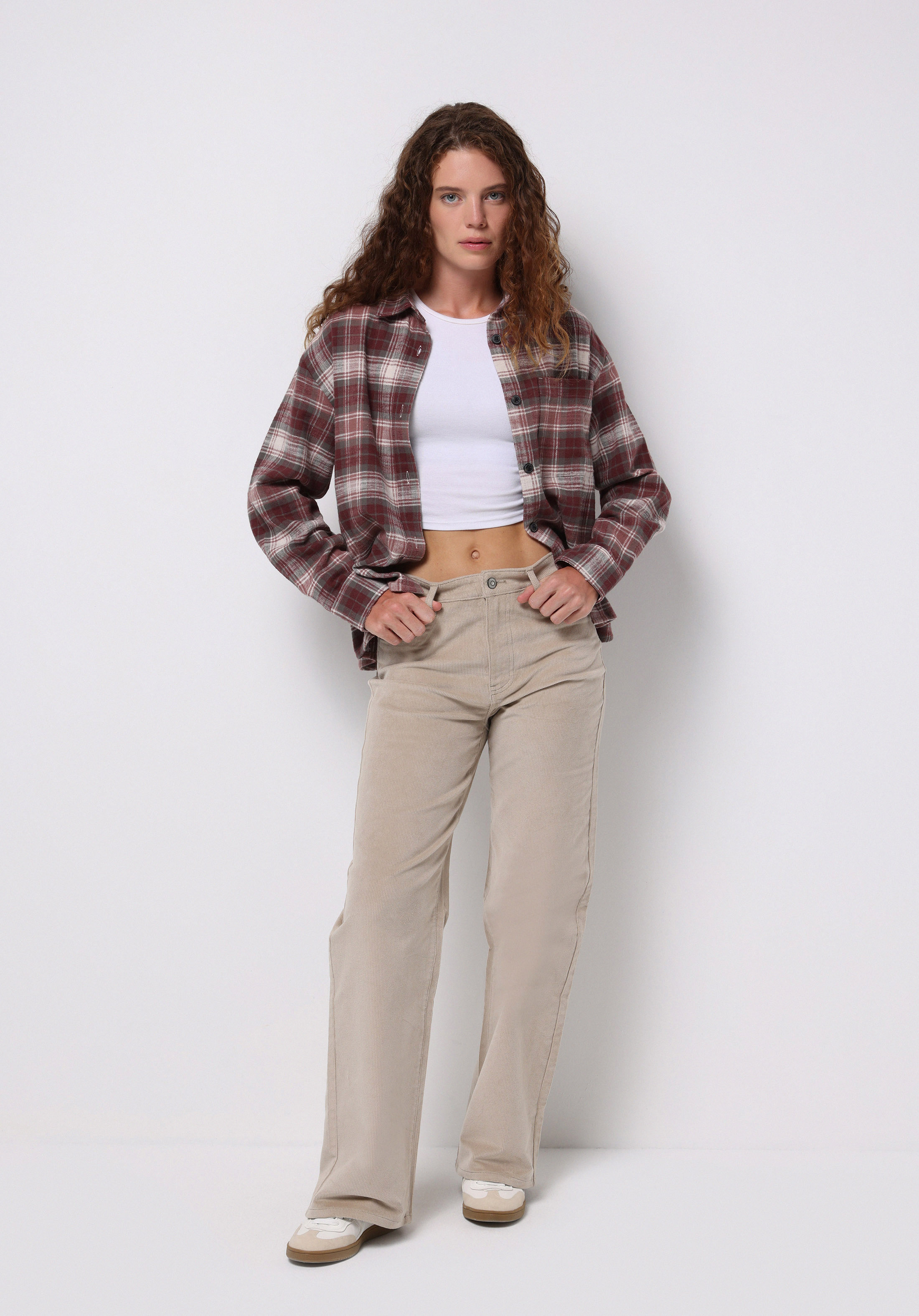 Regular Fit Shirt Neck Ekoseli Kadın Pembe Uzun Kol Gömlek