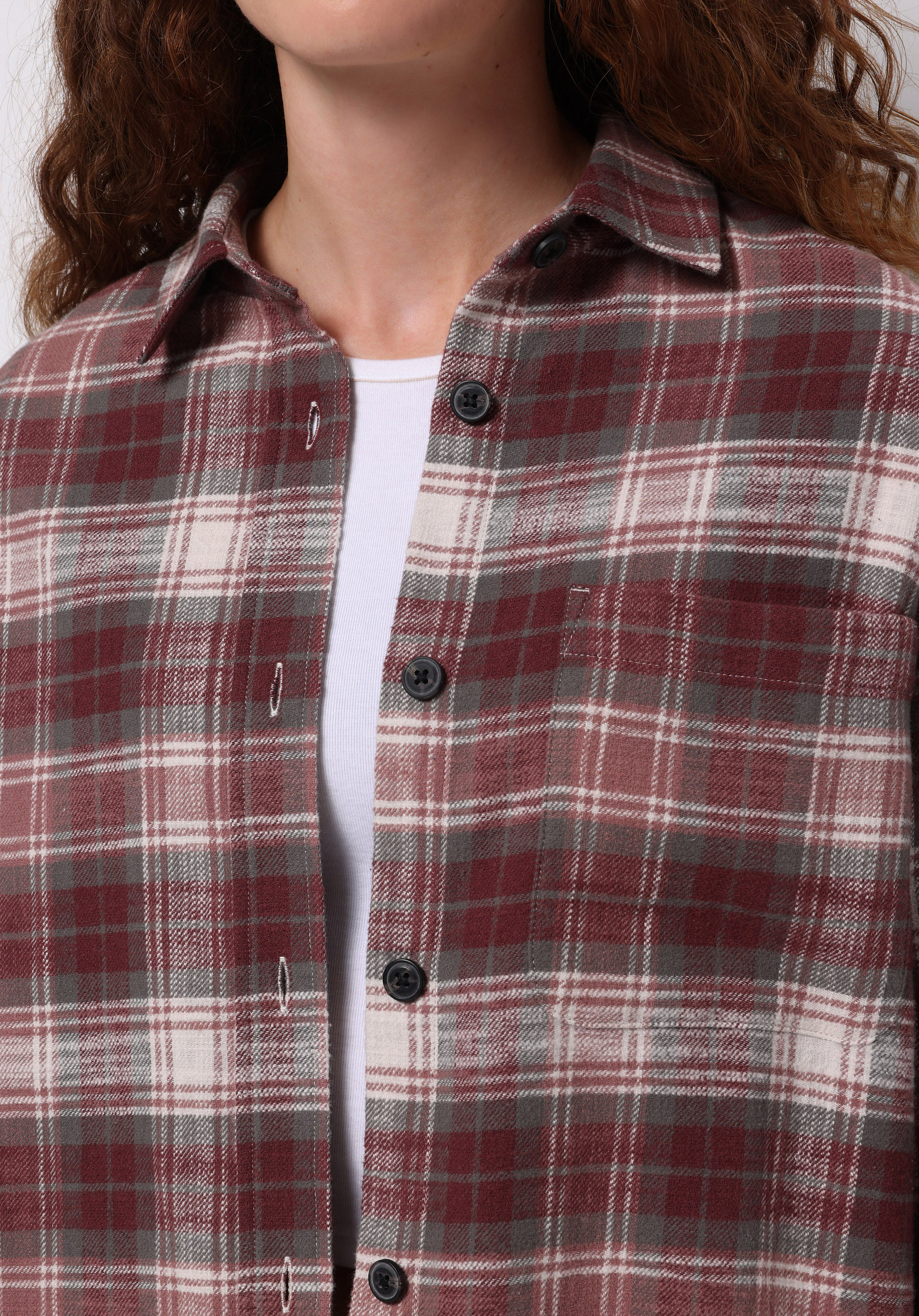 Regular Fit Shirt Neck Ekoseli Kadın Pembe Uzun Kol Gömlek