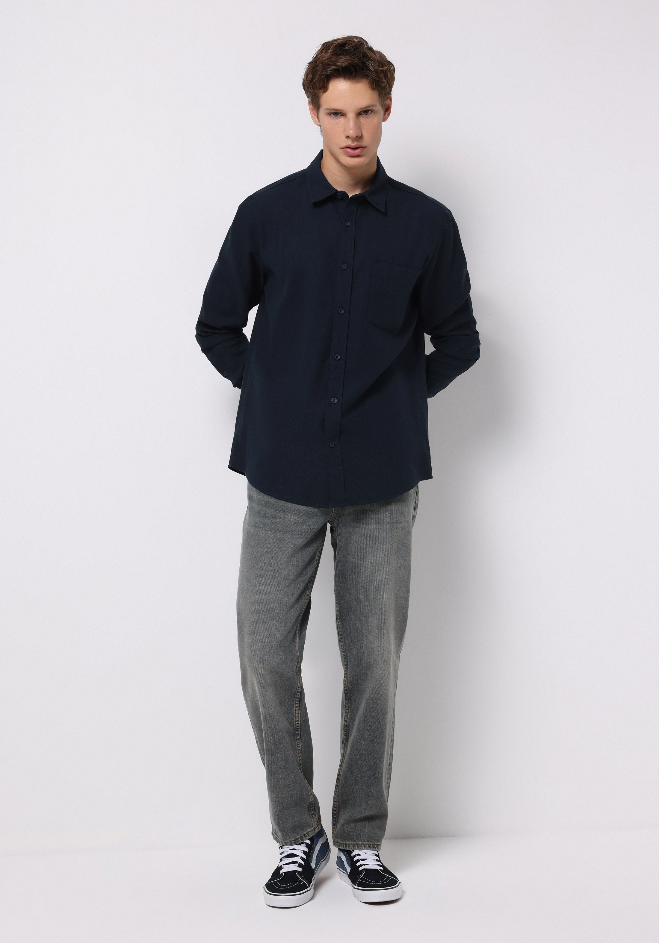 Slim Fit Shirt Neck Ekoseli Erkek Lacivert Uzun Kol Gömlek