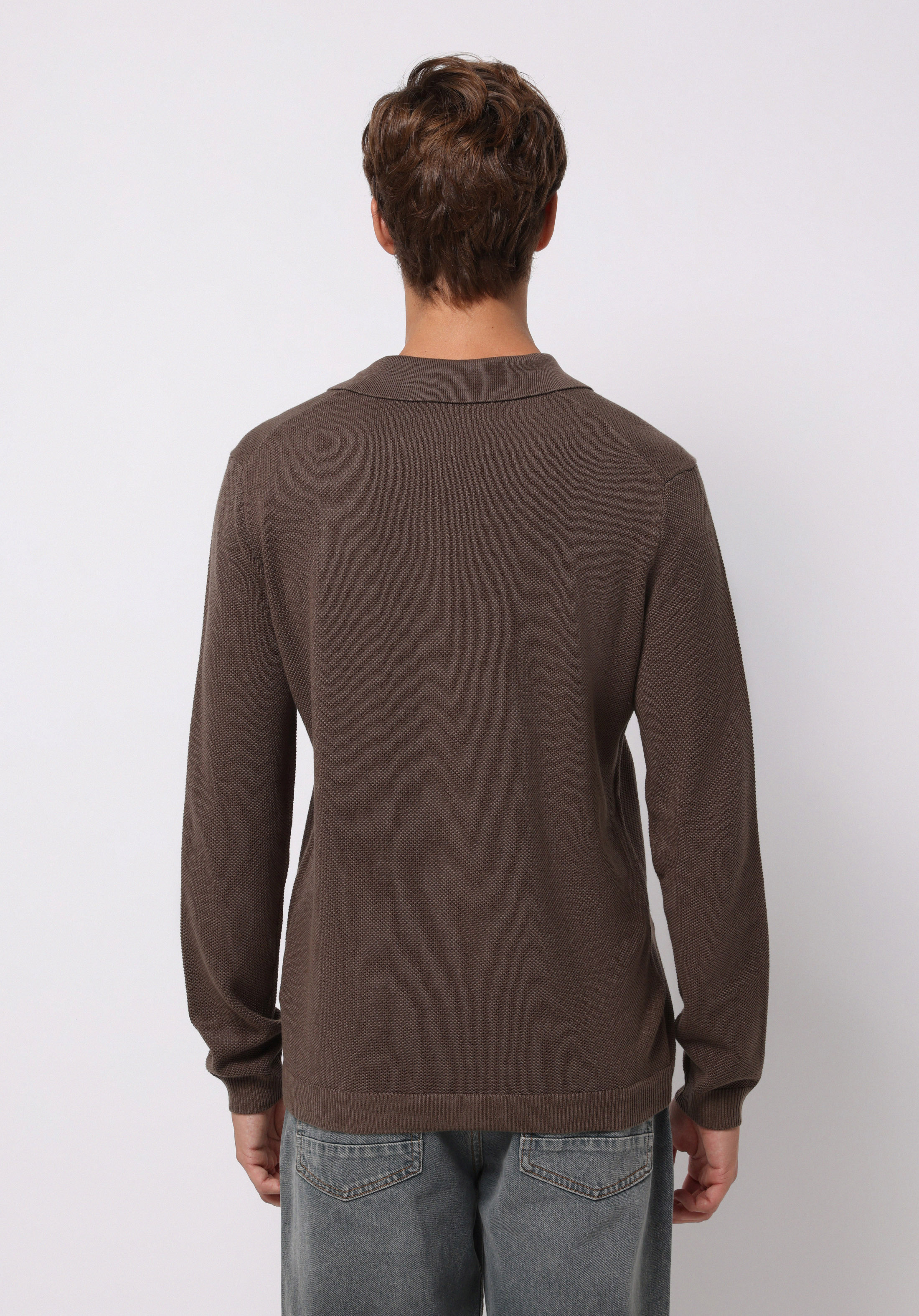 Regular Fit Polo Yaka Jakarlı Erkek Kahverengi Kazak