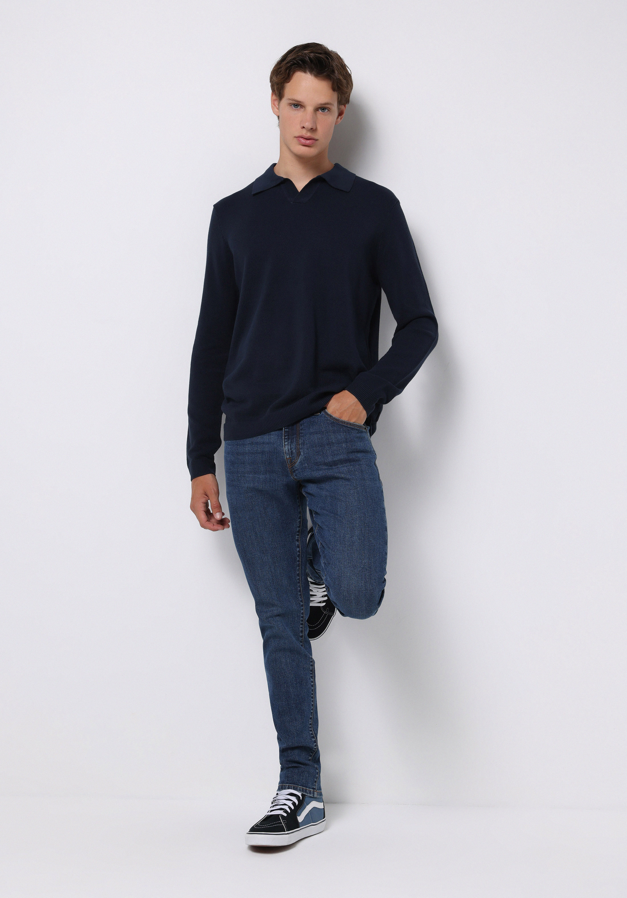 Regular Fit Polo Yaka Jakarlı Erkek Lacivert Kazak