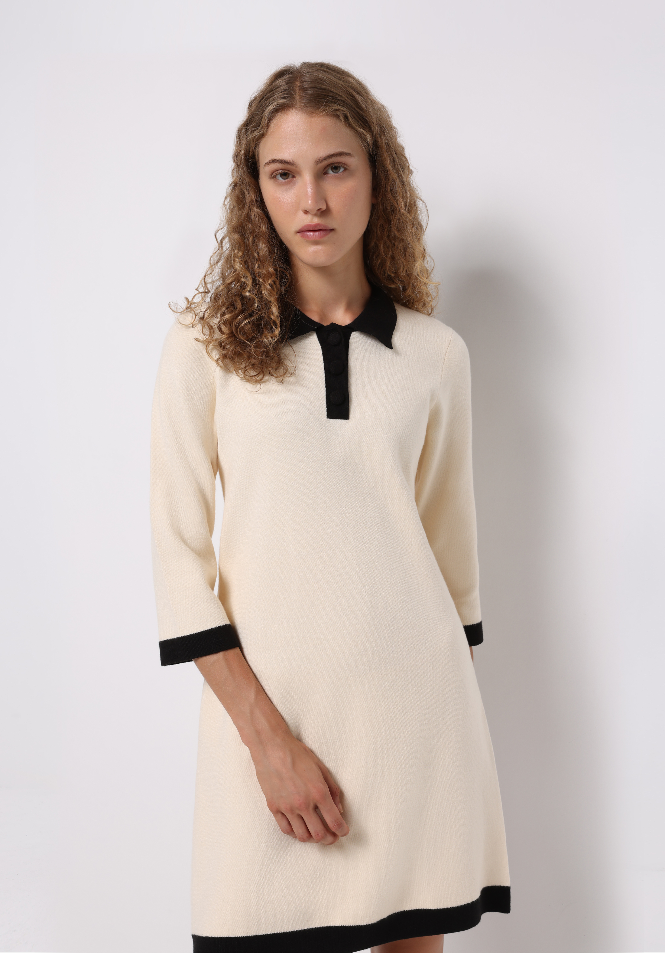 Regular Fit Düz Kadın Ekru ¾ Kol Elbise