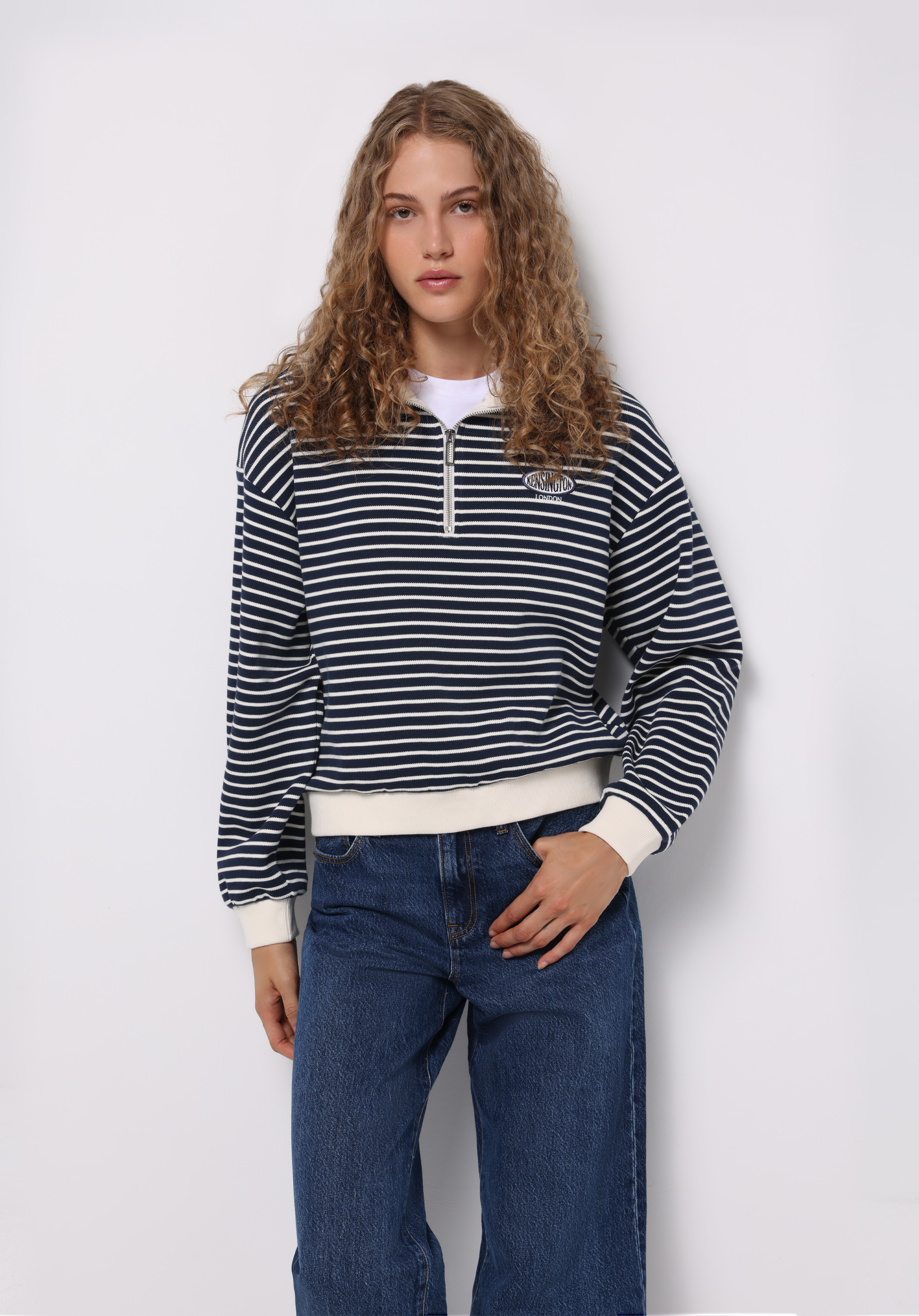 Regular Fit Polo Yaka Çizgili Kadın Lacivert Sweatshirt