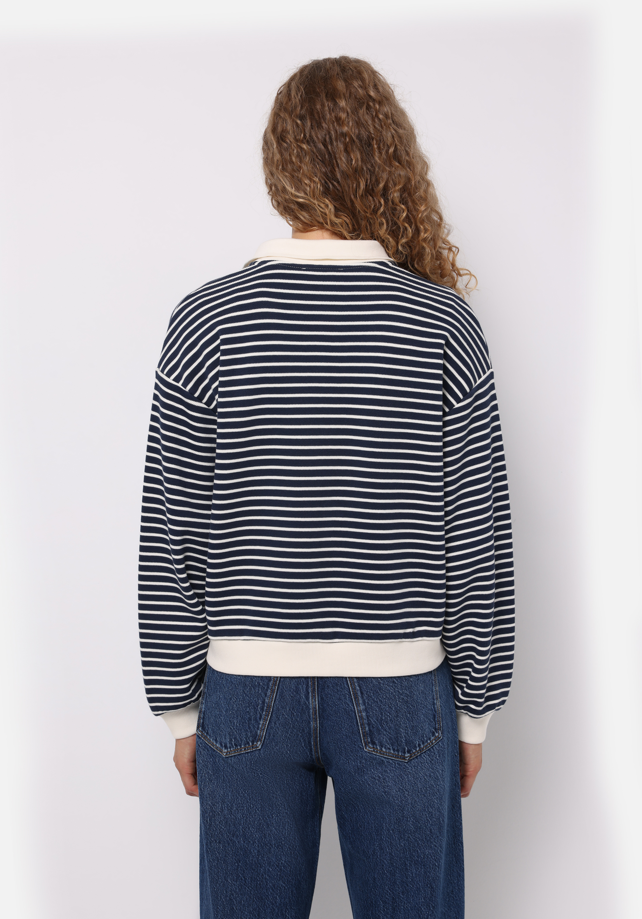 Regular Fit Polo Yaka Çizgili Kadın Lacivert Sweatshirt