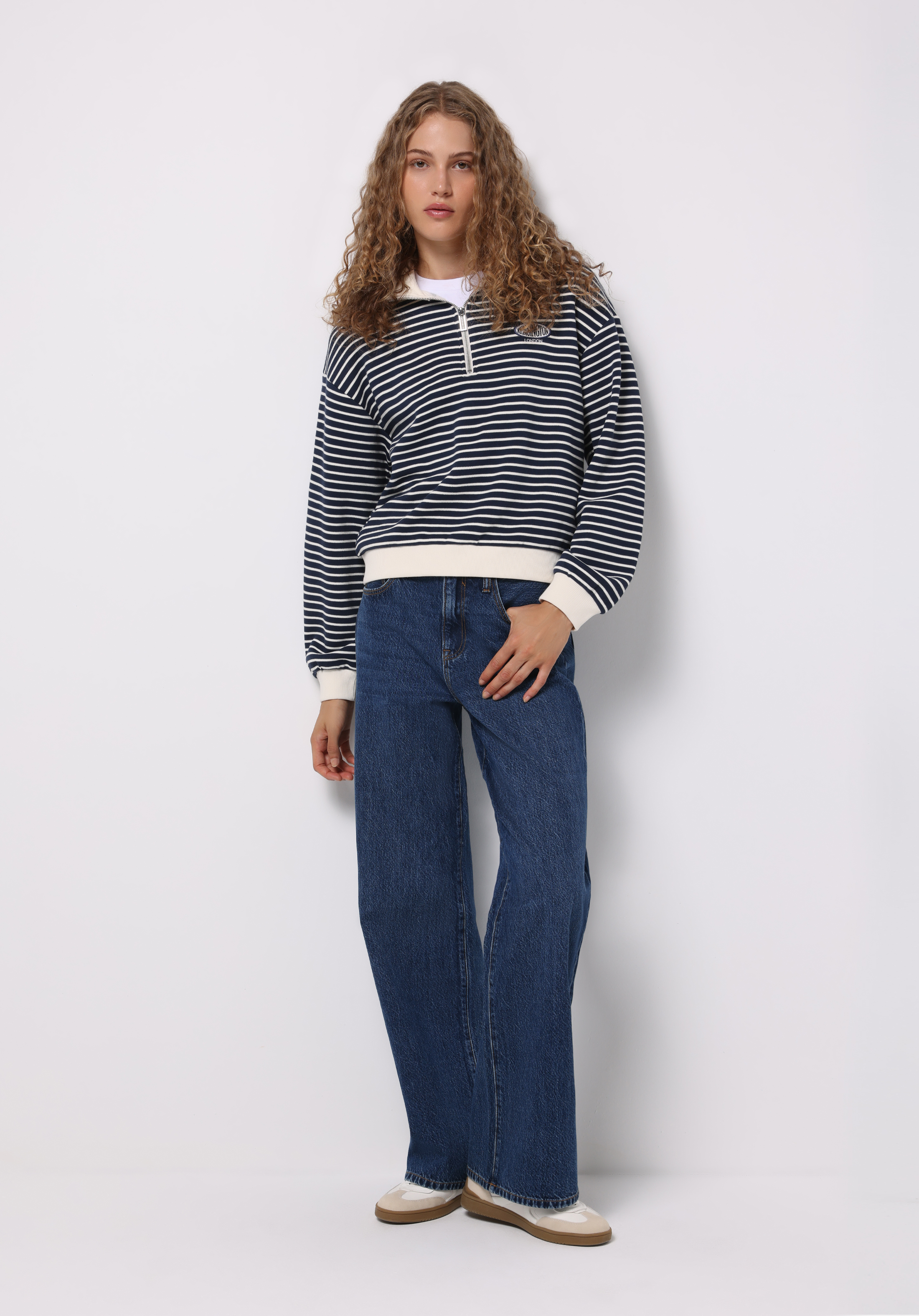 Regular Fit Polo Yaka Çizgili Kadın Lacivert Sweatshirt