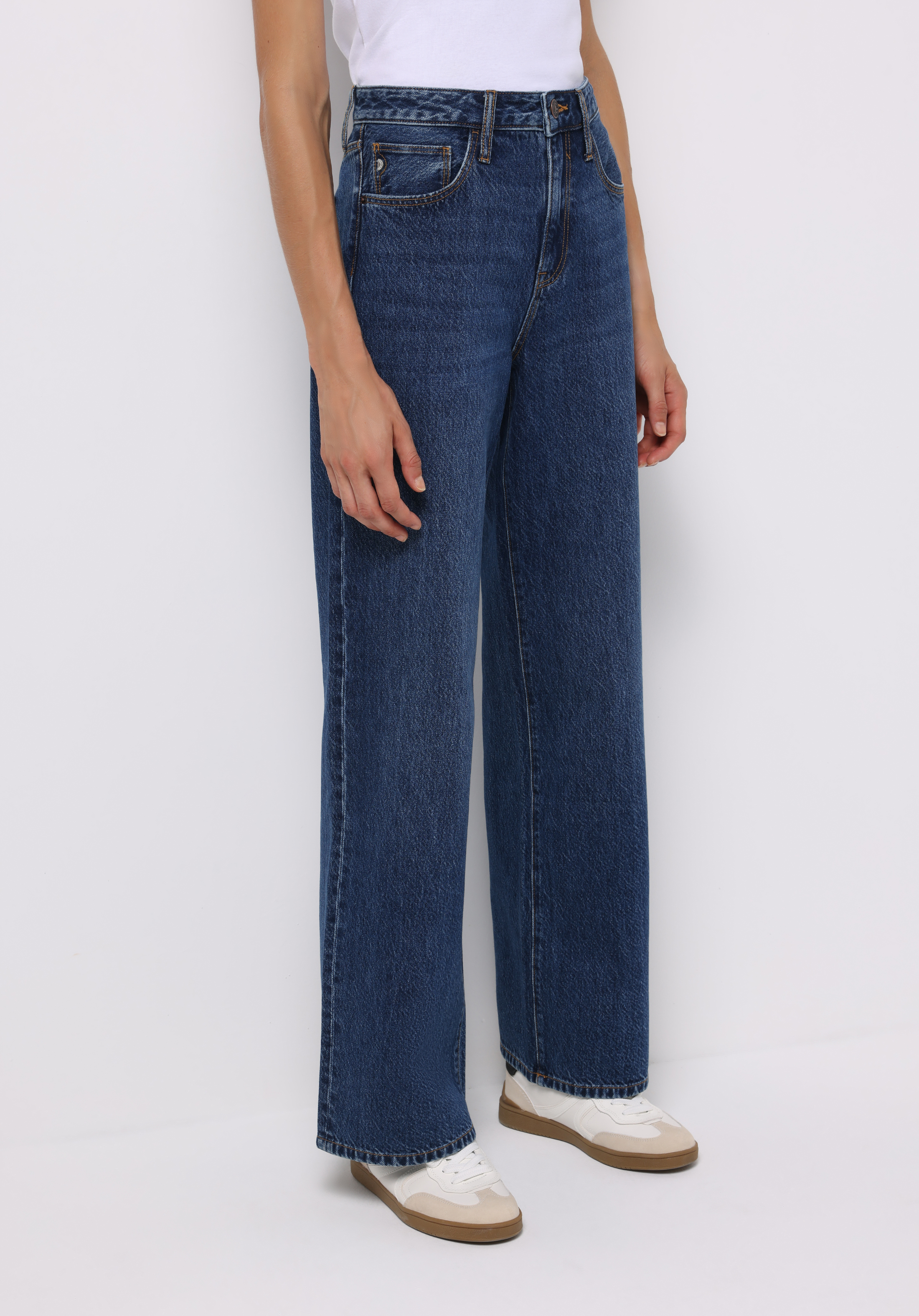 Regular Fit Yüksel Bel Geniş Paça Kadın Koyu İndigo Jean Pantolon