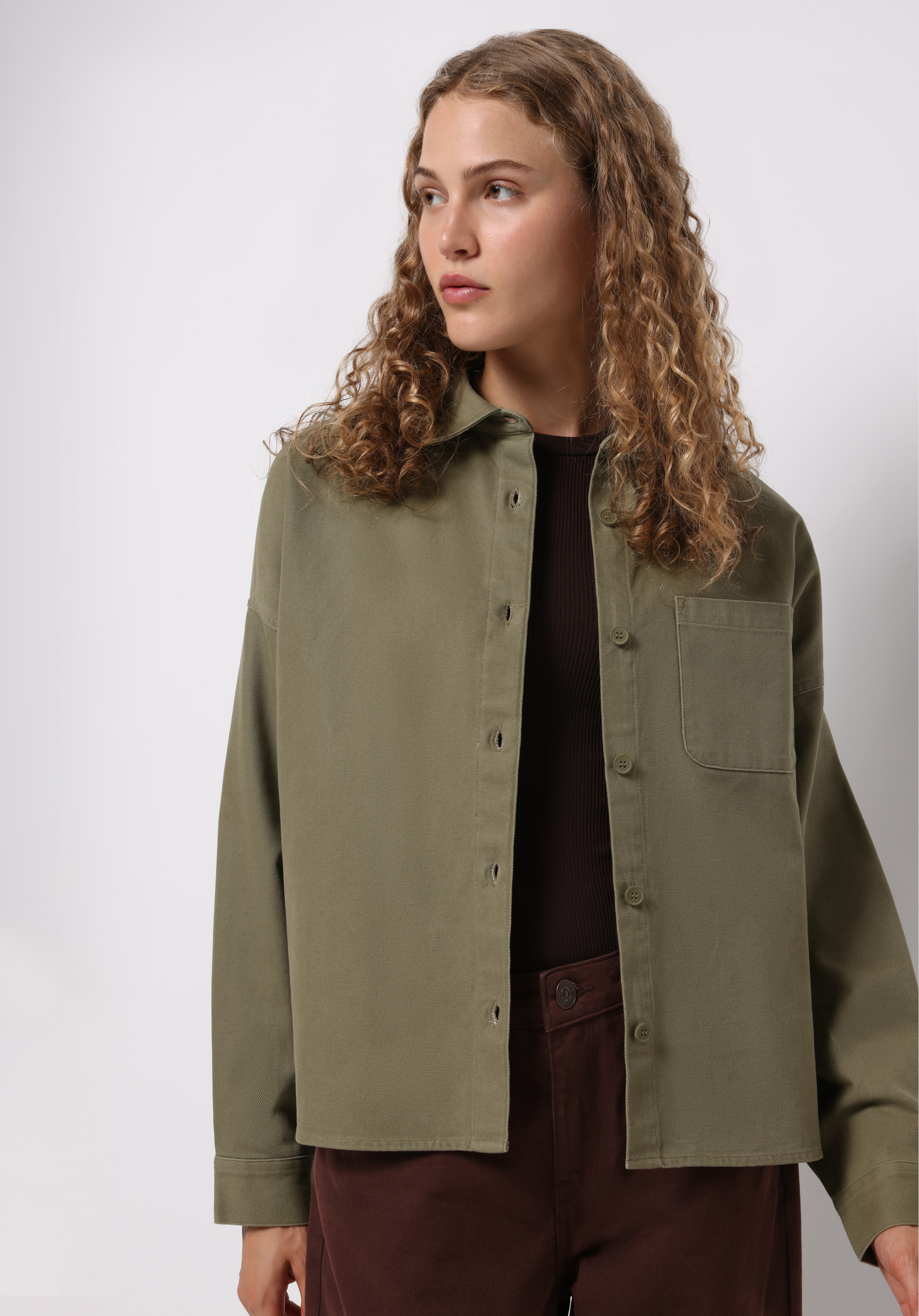 Relax Fit Shirt Neck Düz Kadın Yeşil Uzun Kol Gömlek