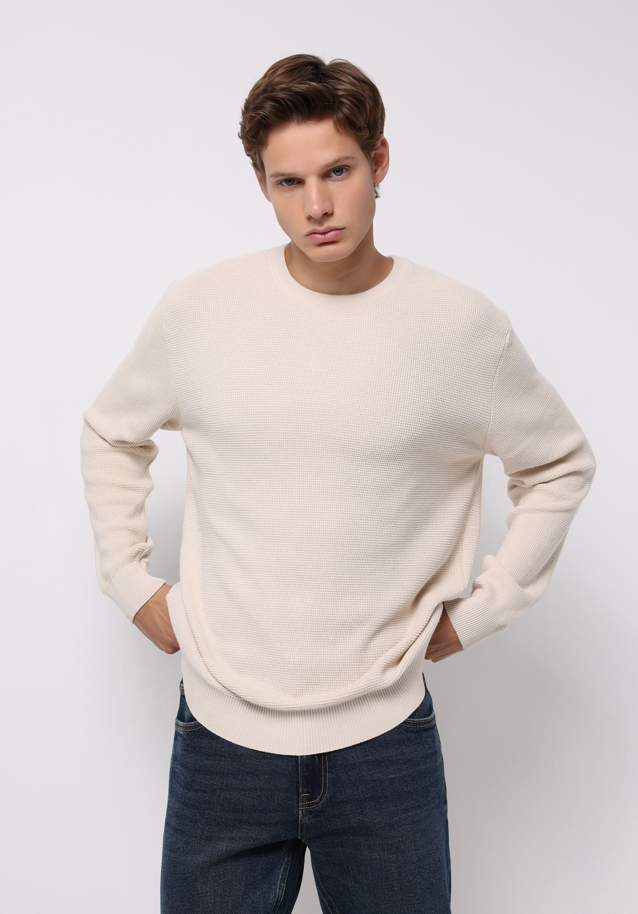 Regular Fit Yuvarlak Yaka Jakarlı Erkek Ekru Kazak