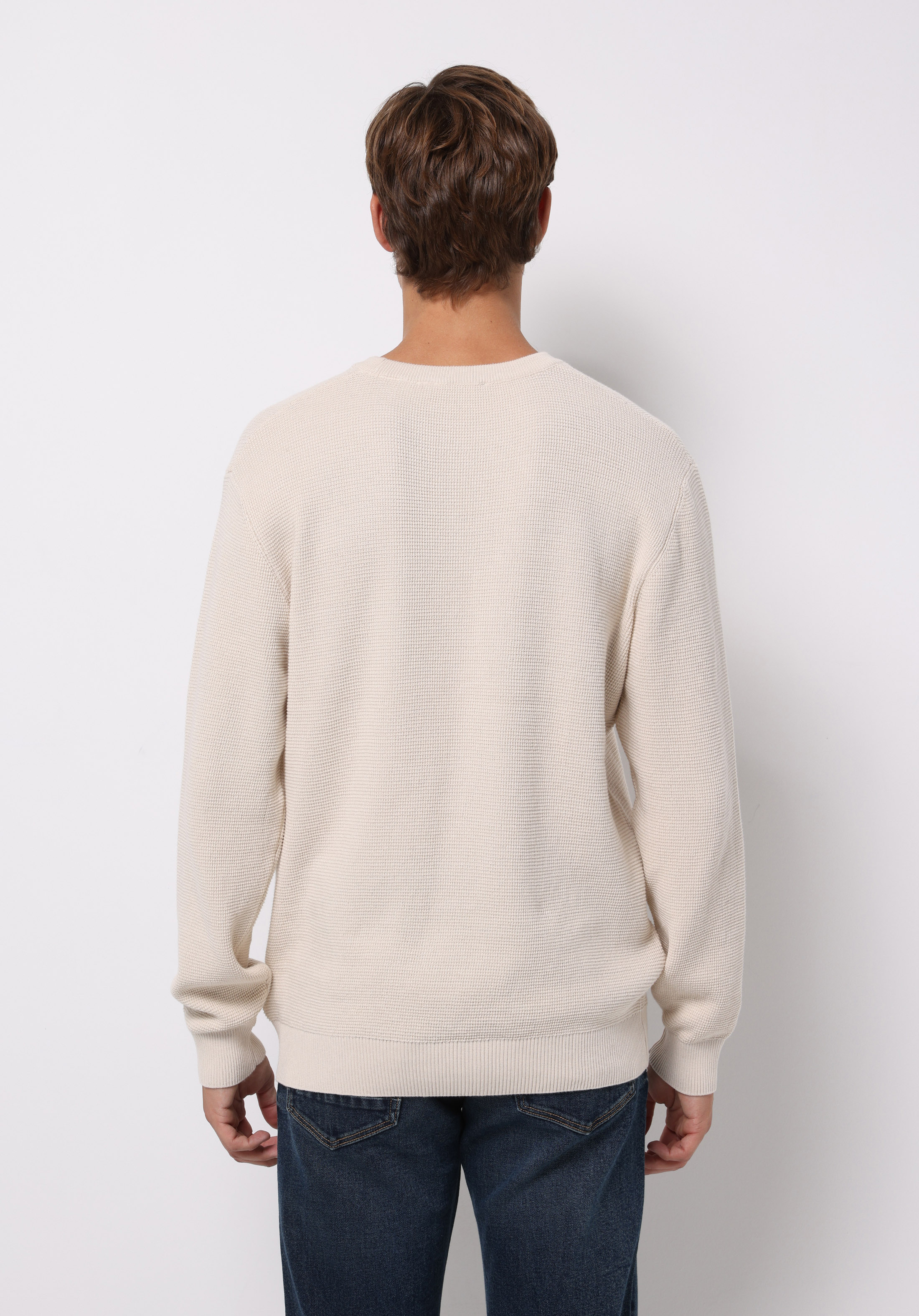 Regular Fit Yuvarlak Yaka Jakarlı Erkek Ekru Kazak