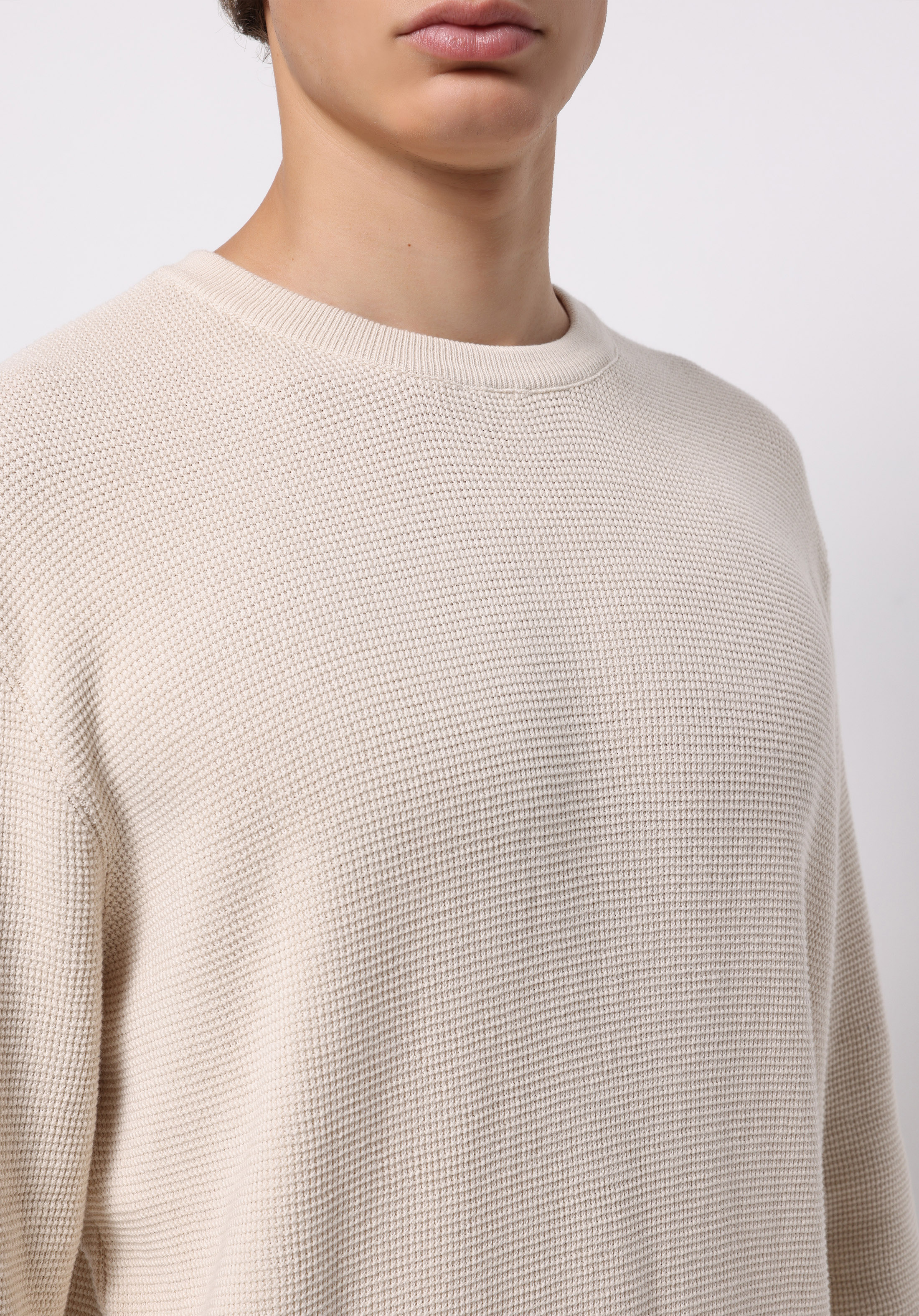 Regular Fit Yuvarlak Yaka Jakarlı Erkek Ekru Kazak