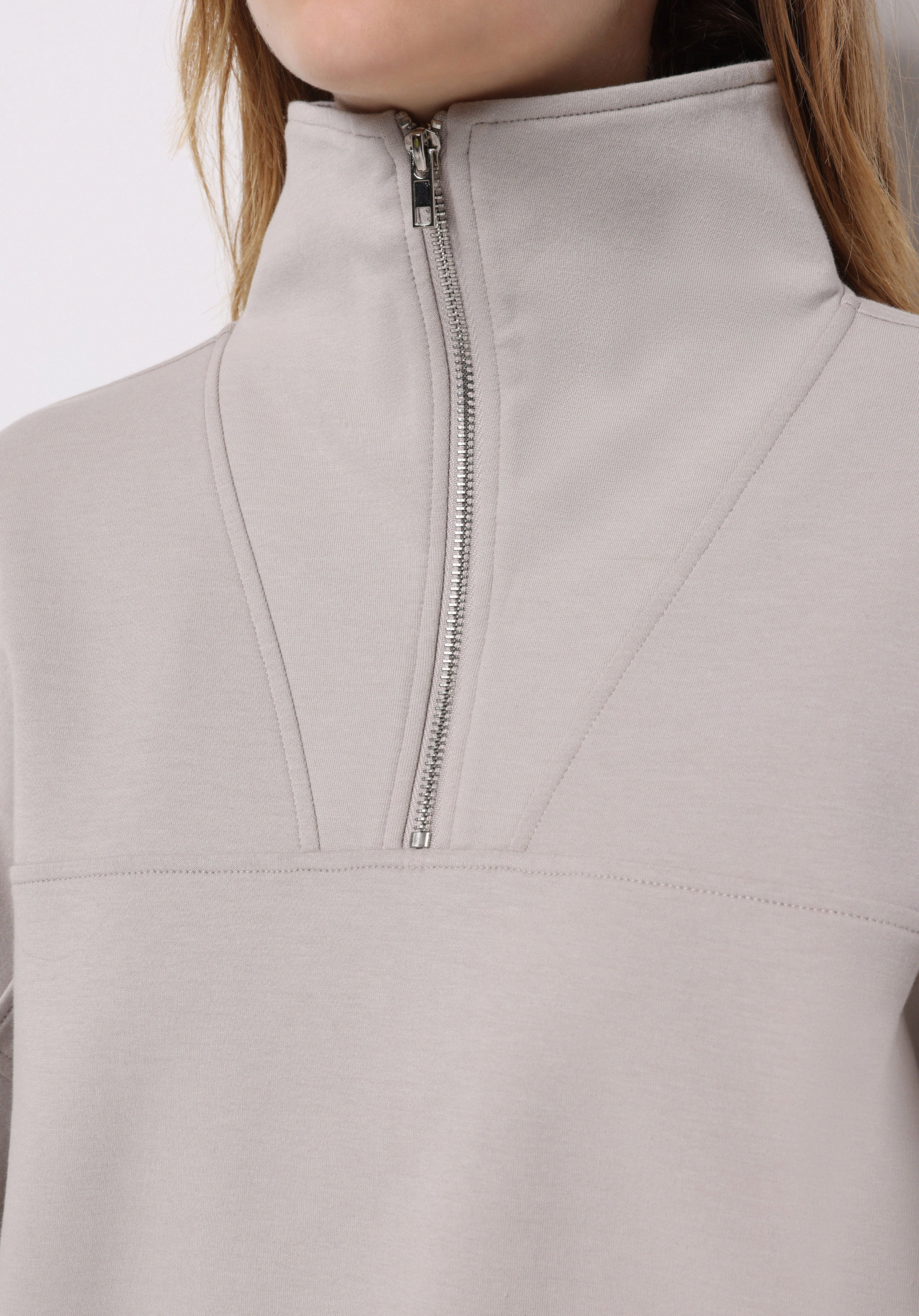 Regular Fit Fermuarlı Düz Kadın Taş Sweatshirt