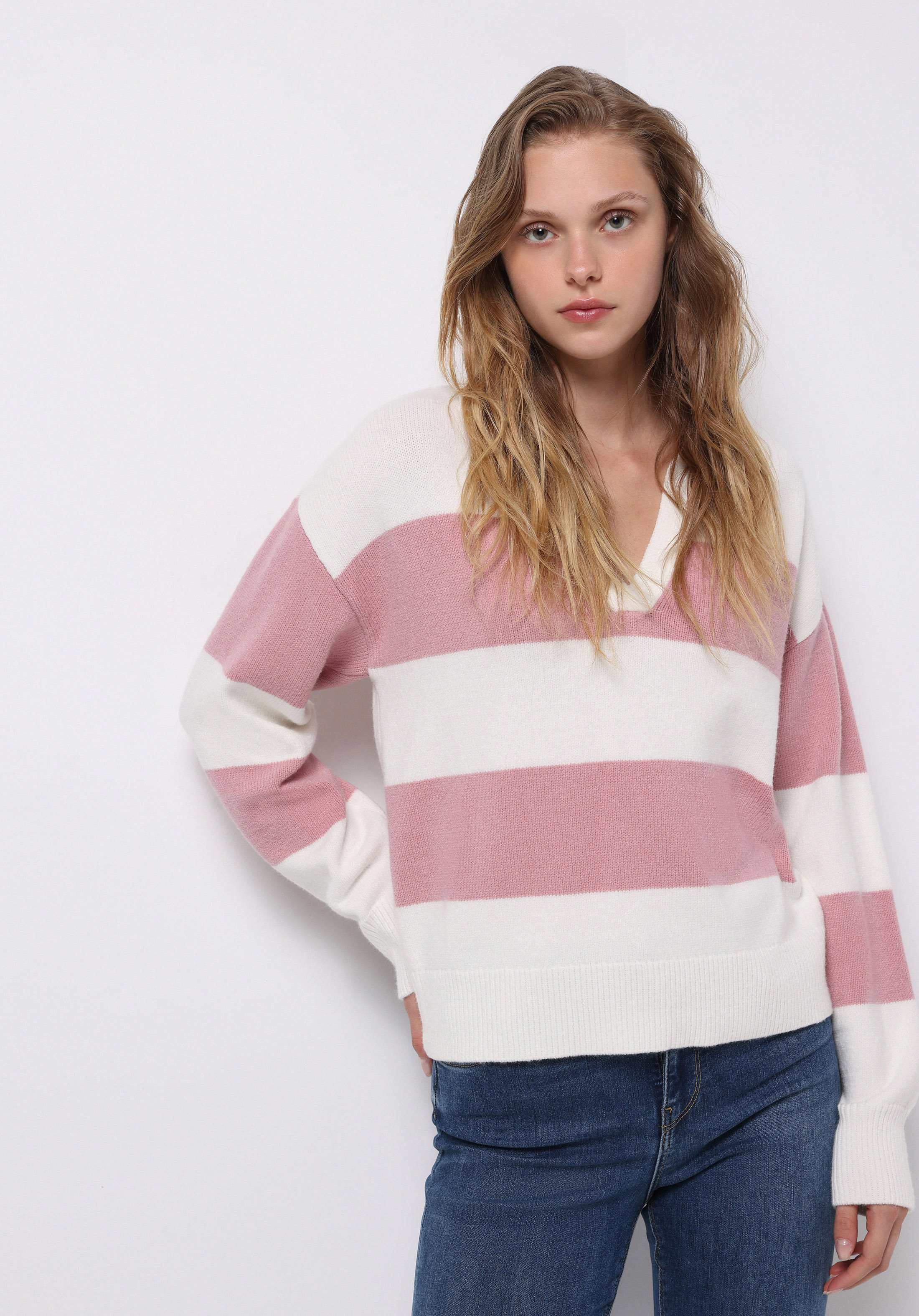 Regular Fit Polo Yaka Çizgili Kadın Pembe Kazak