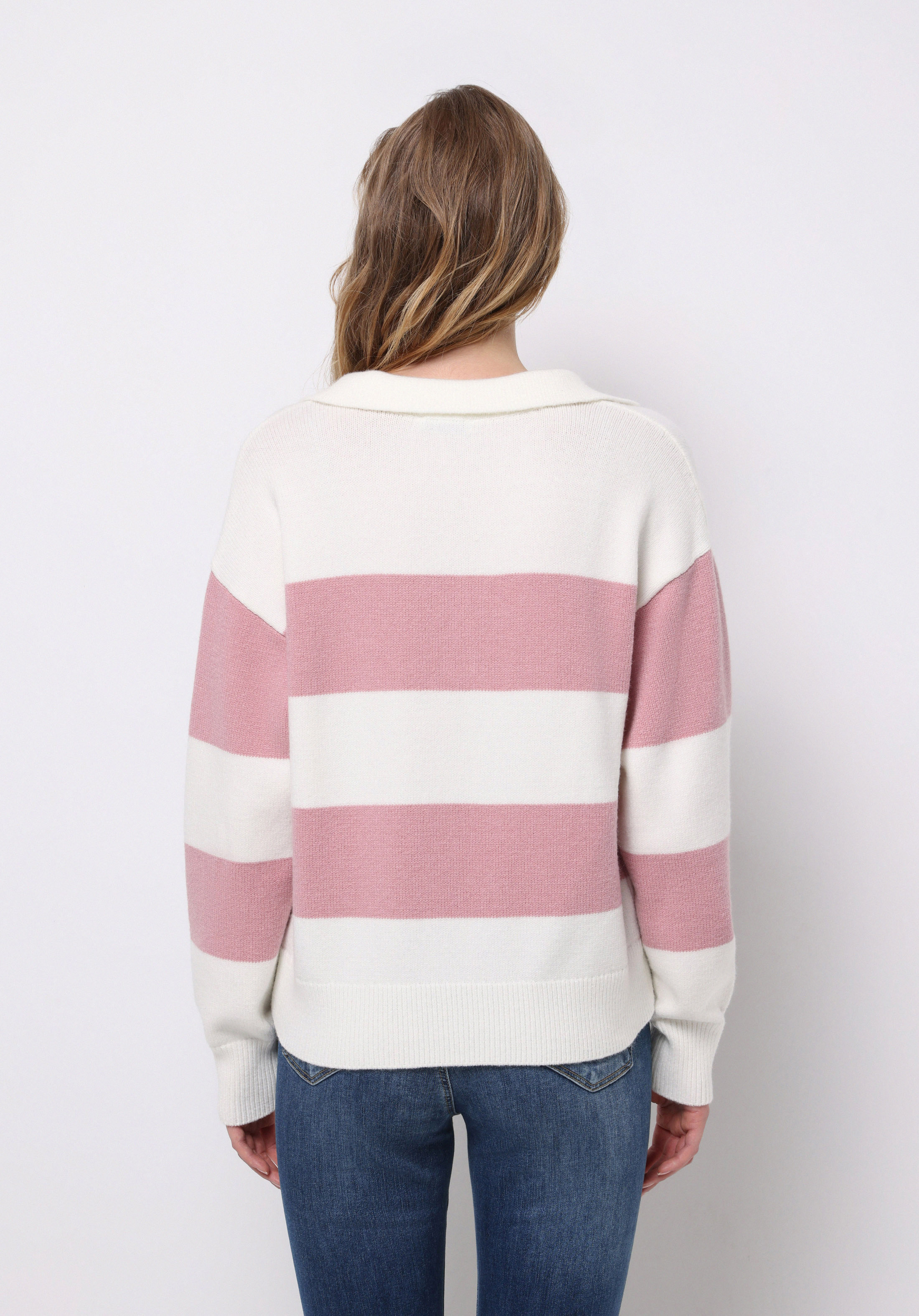 Regular Fit Polo Yaka Çizgili Kadın Pembe Kazak