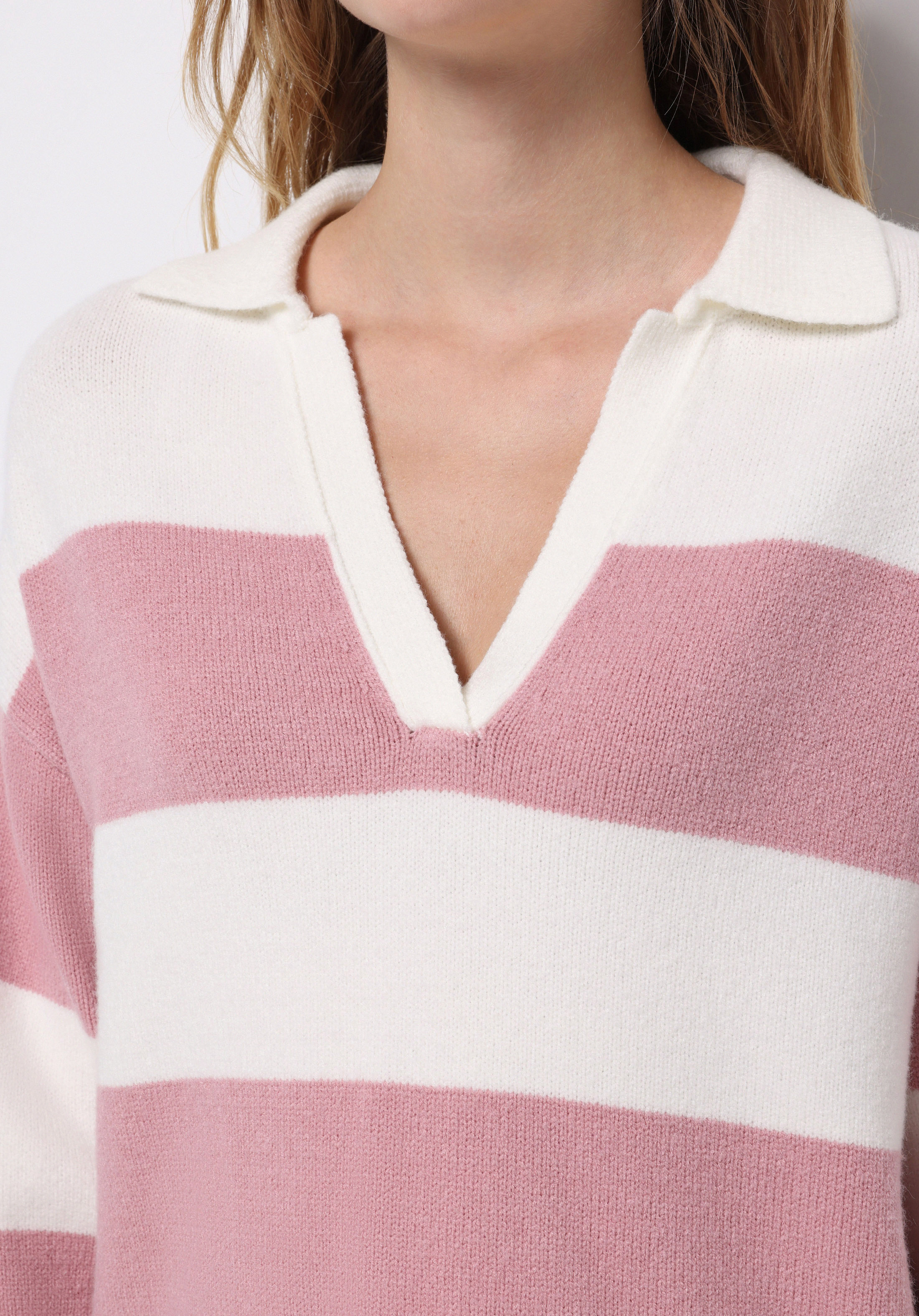 Regular Fit Polo Yaka Çizgili Kadın Pembe Kazak