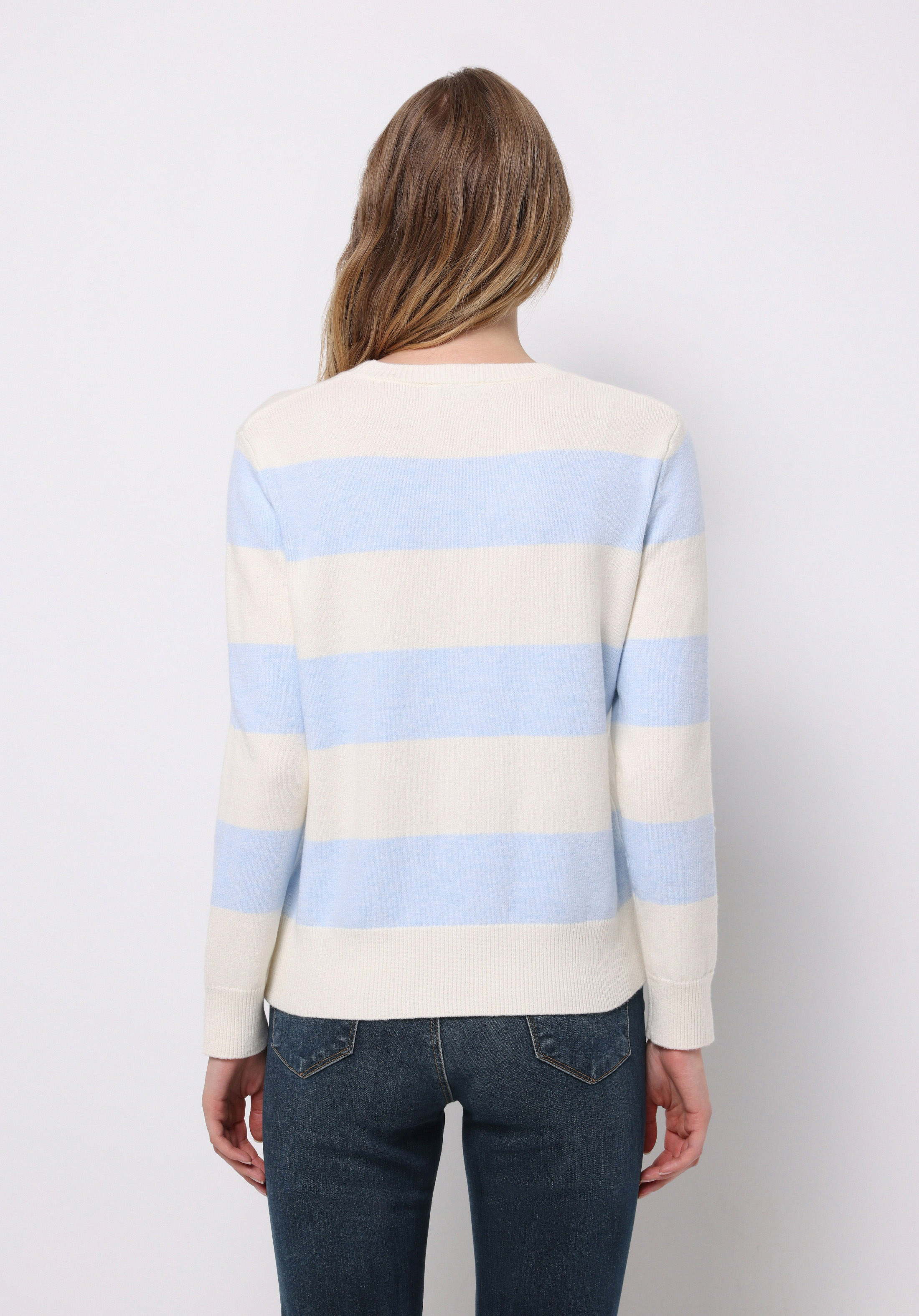 Regular Fit Yuvarlak Yaka Çizgili Kadın Beyaz Kazak