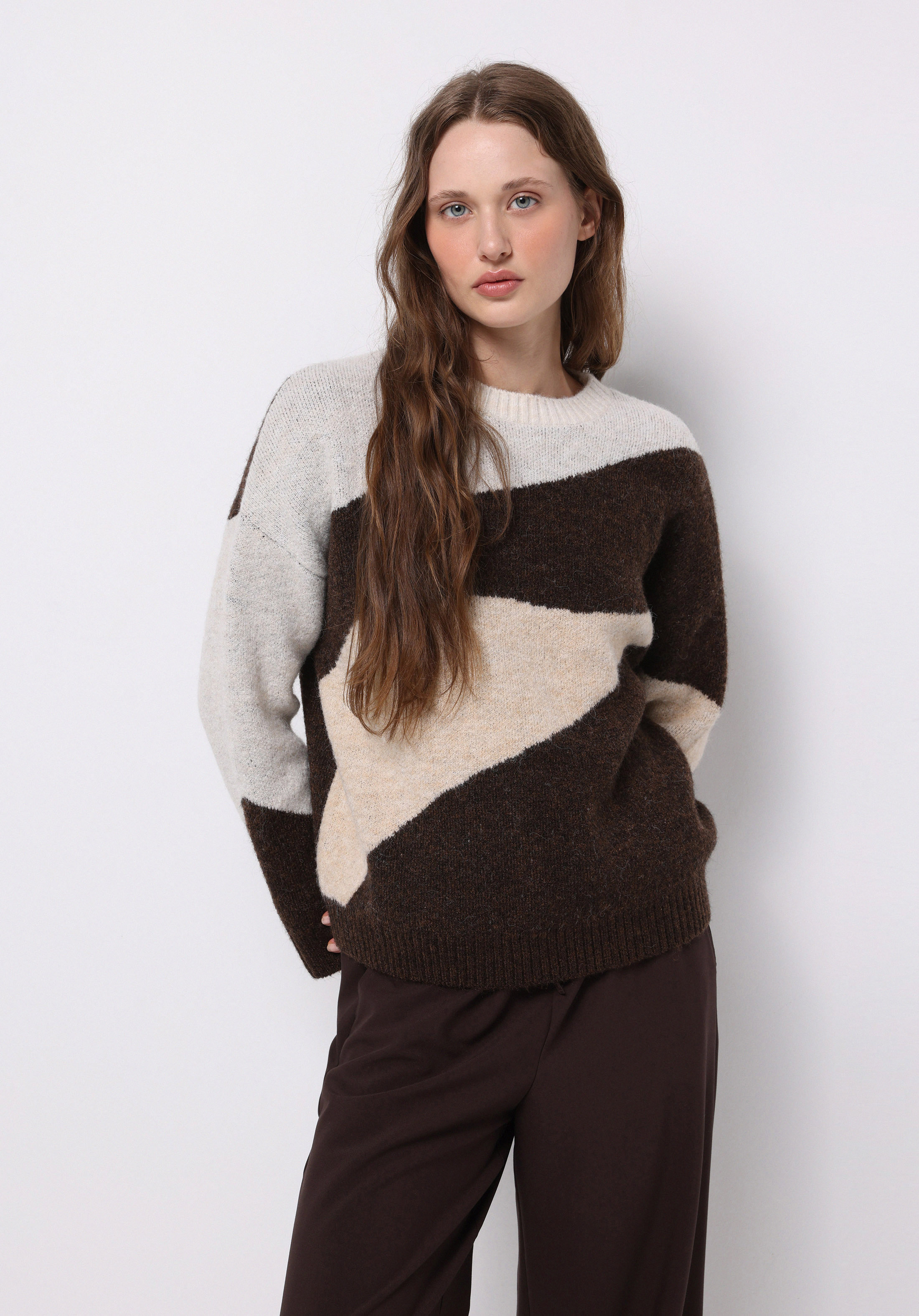 Regular Fit Yuvarlak Yaka Baskılı Kadın Çok Renkli Kazak