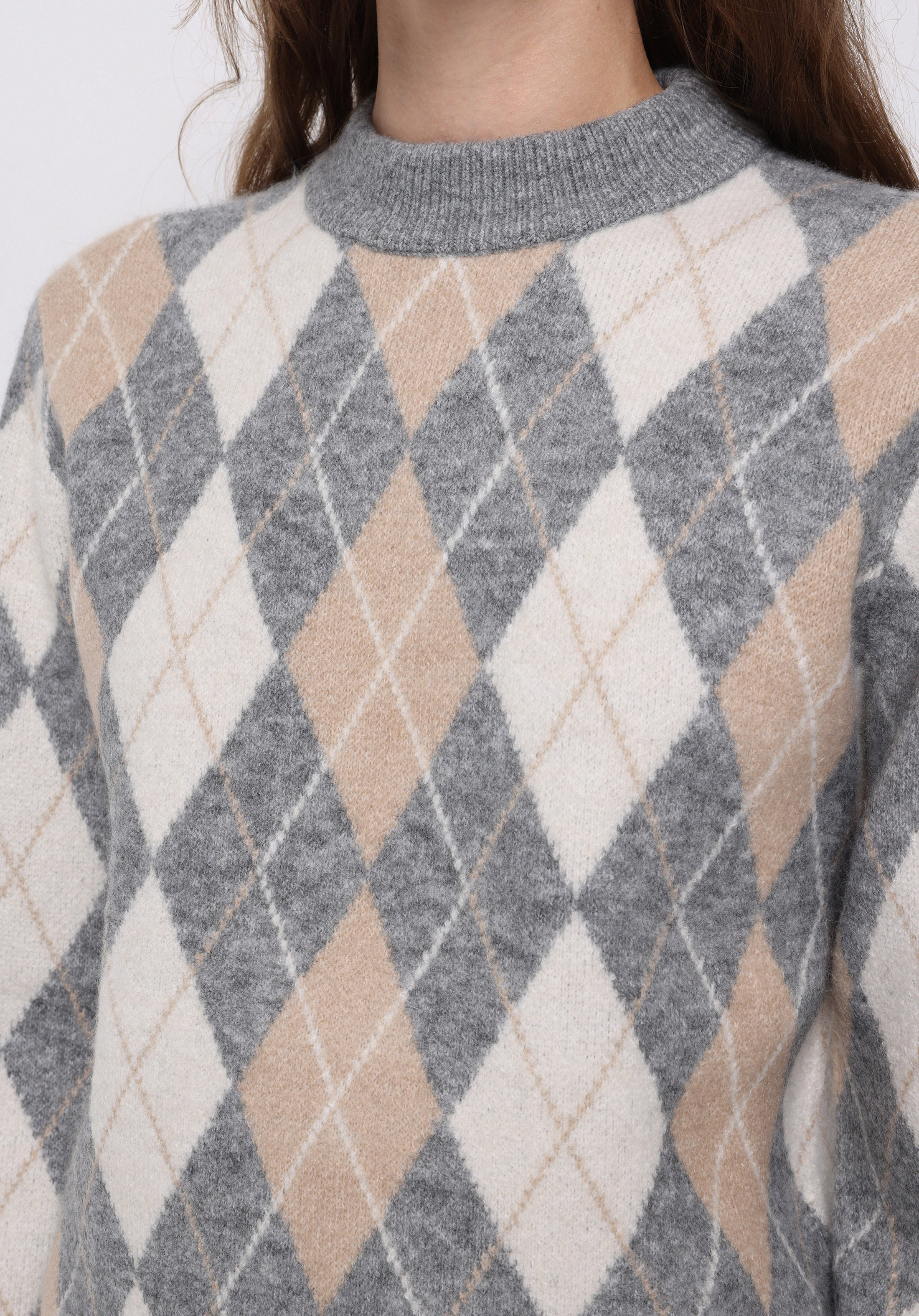 Regular Fit Yuvarlak Yaka Baskılı Kadın Gri Kazak