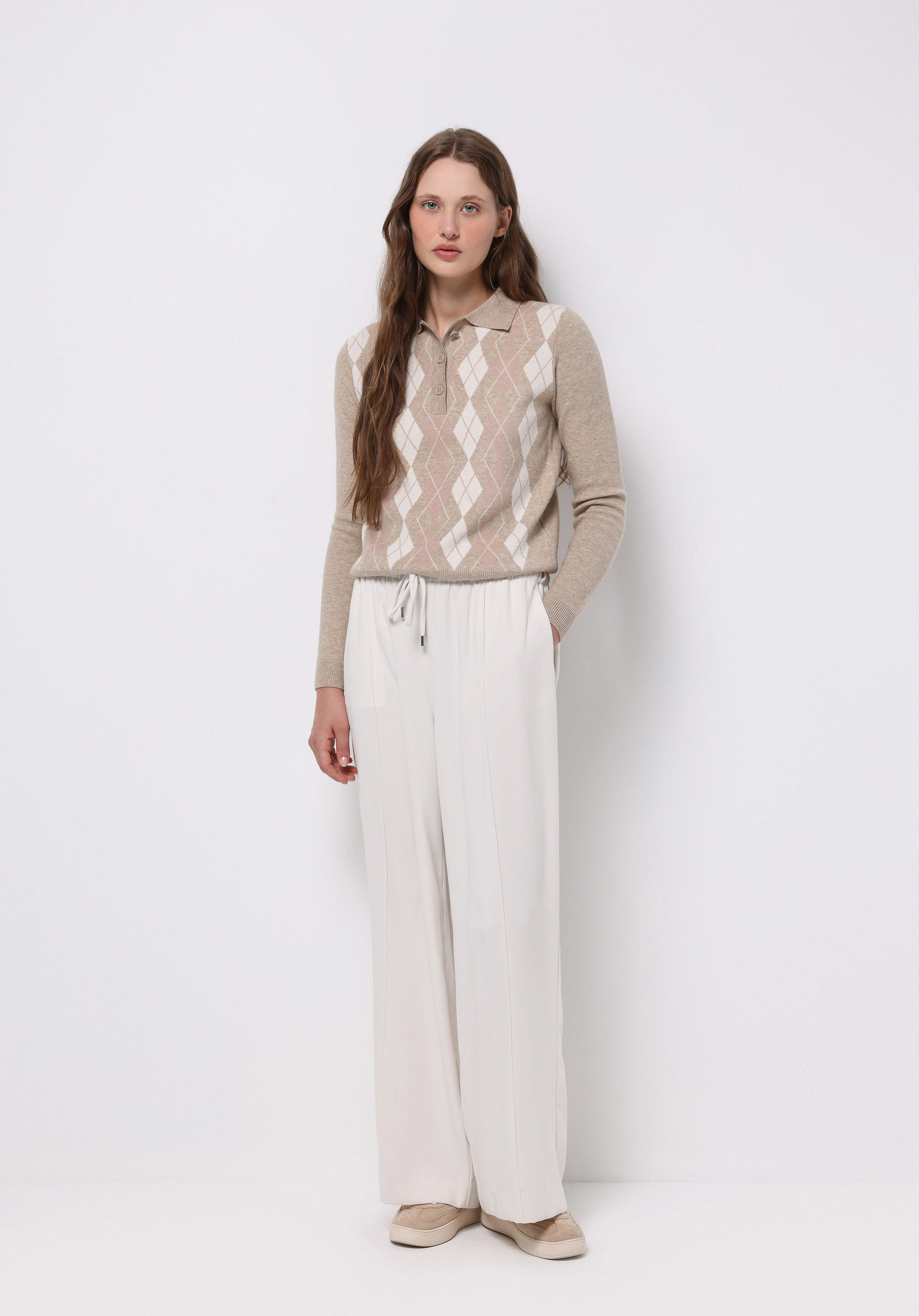 Regular Fit Polo Yaka Baskılı Kadın Bej Kazak