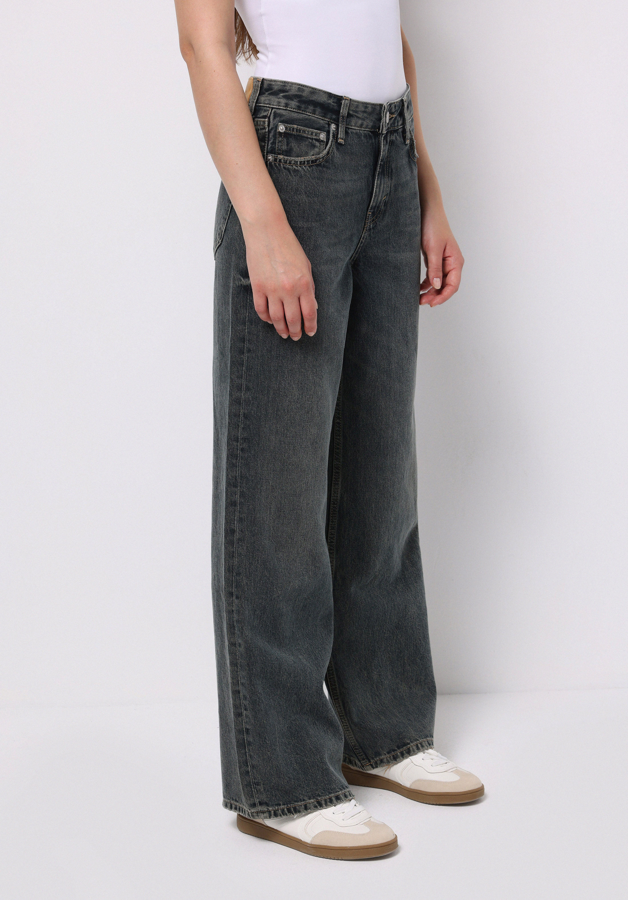 Regular Fit Yüksel Bel Geniş Paça Kadın Koyu İndigo Jean Pantolon