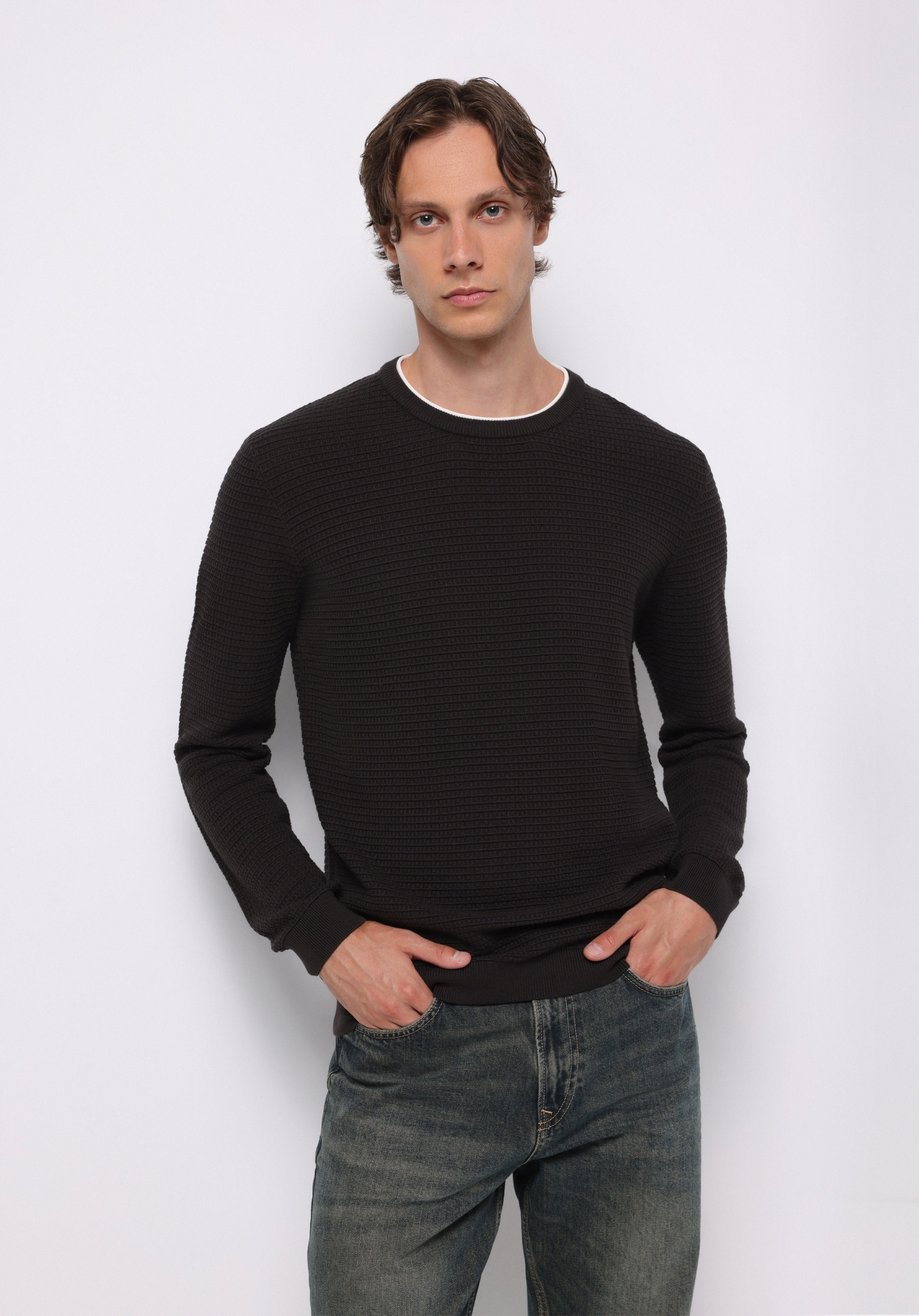 Regular Fit Yuvarlak Yaka Jakarlı Erkek Antrasit Kazak