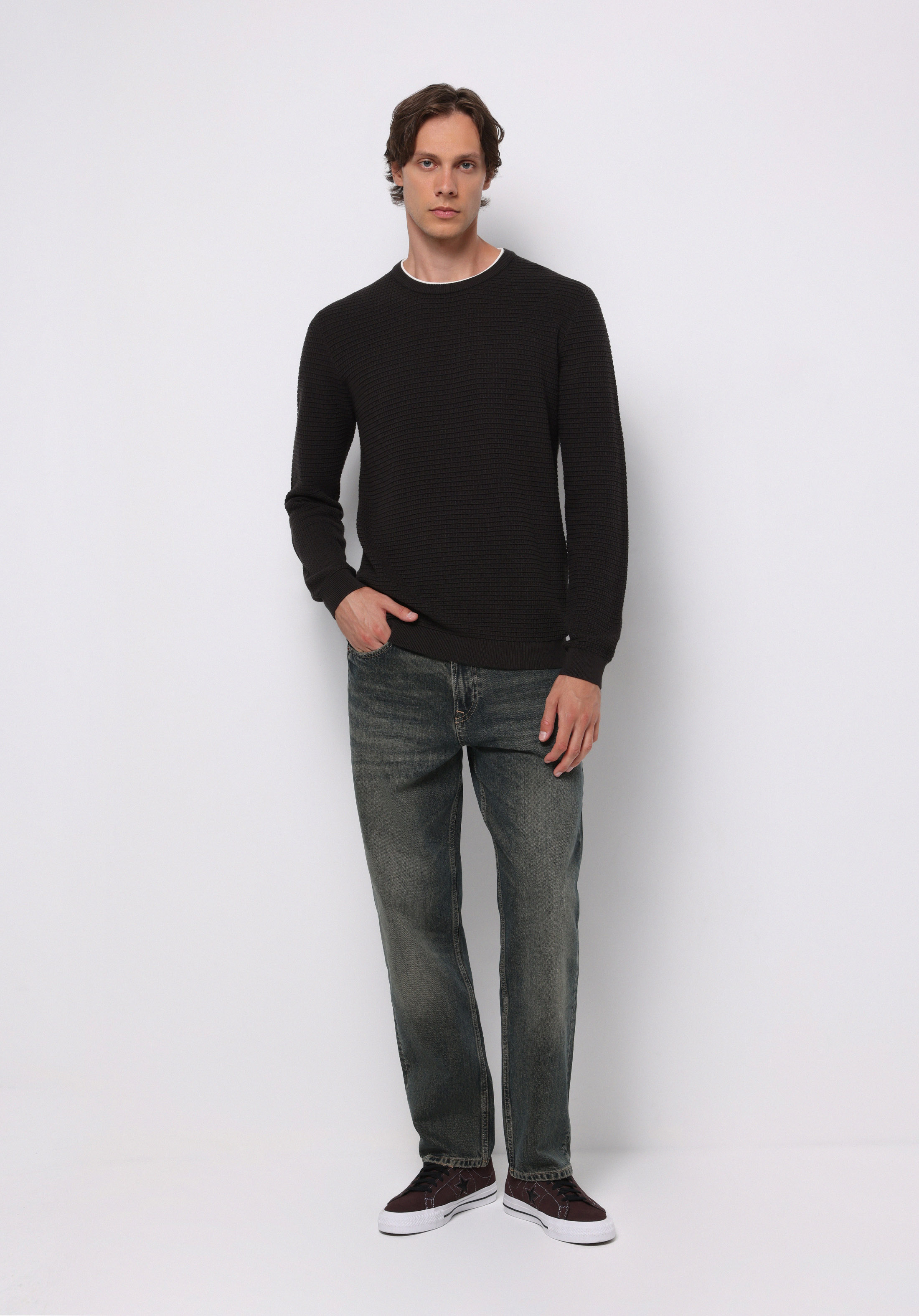 Regular Fit Yuvarlak Yaka Jakarlı Erkek Antrasit Kazak