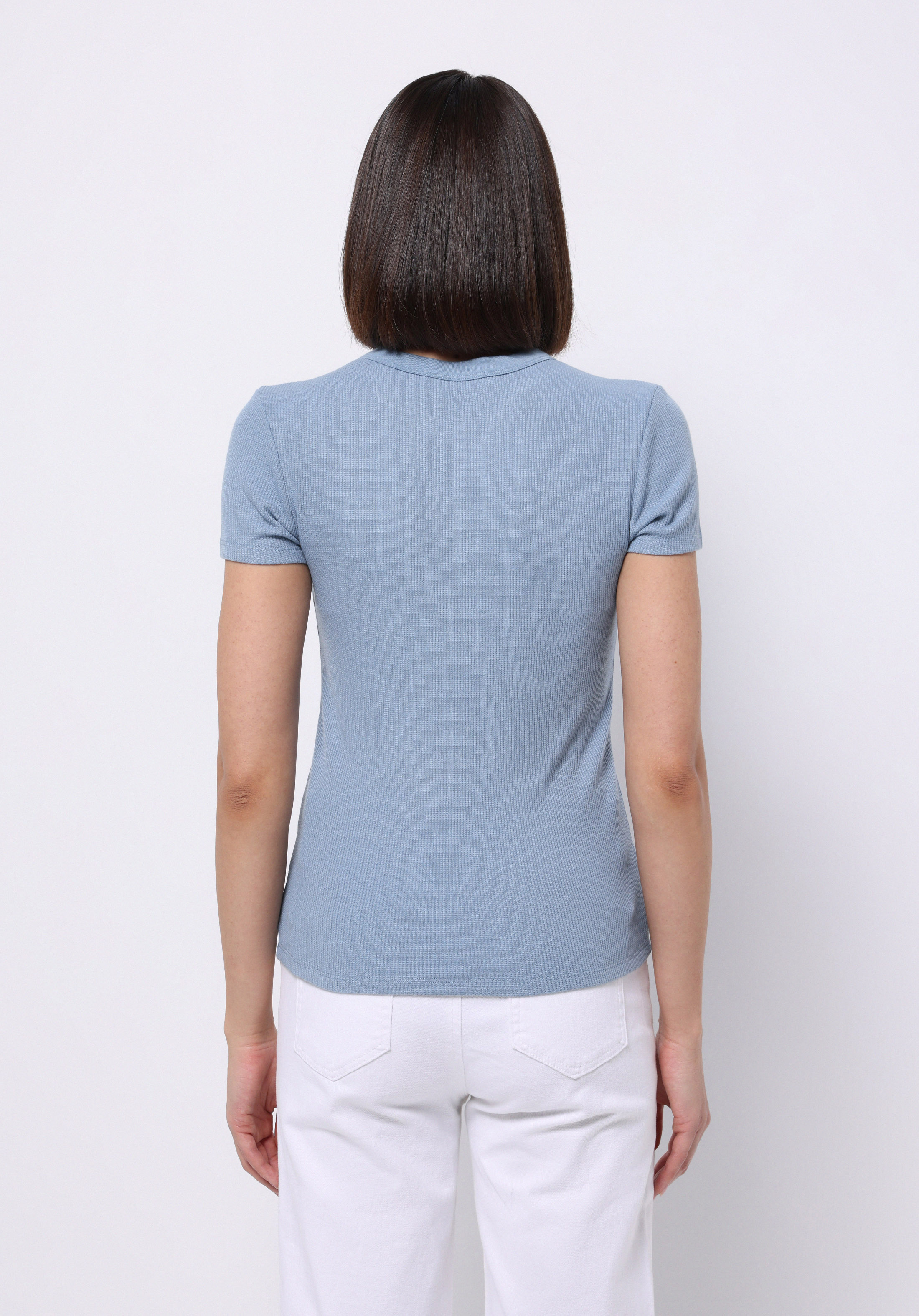 Slim Fit Yuvarlak Yaka Düz Kadın Mavi Kısa Kol Tişört