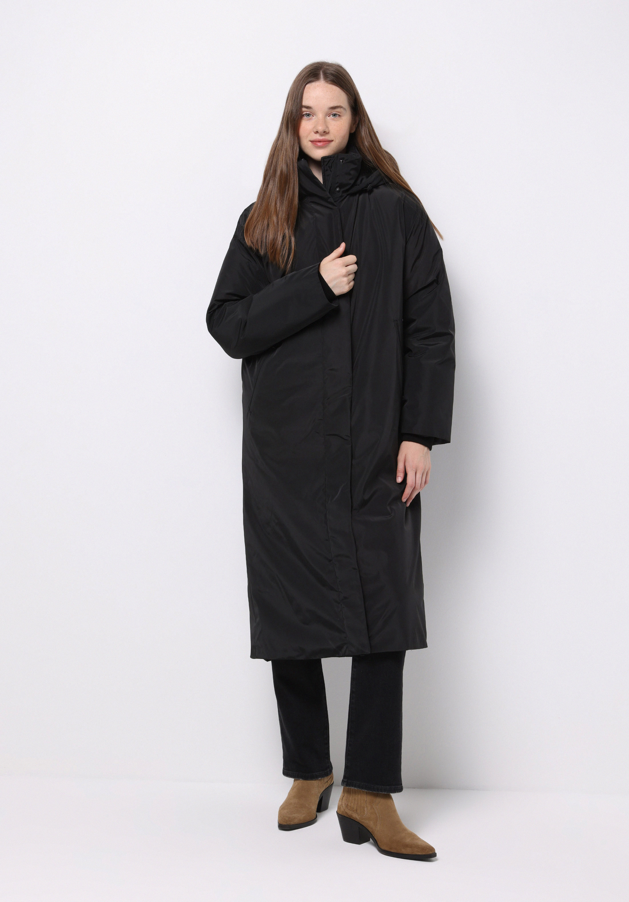 Regular Fit Kapüşonlu Fermuarlı Astarlı Suya Dayanıklı Kadın Siyah Kaban