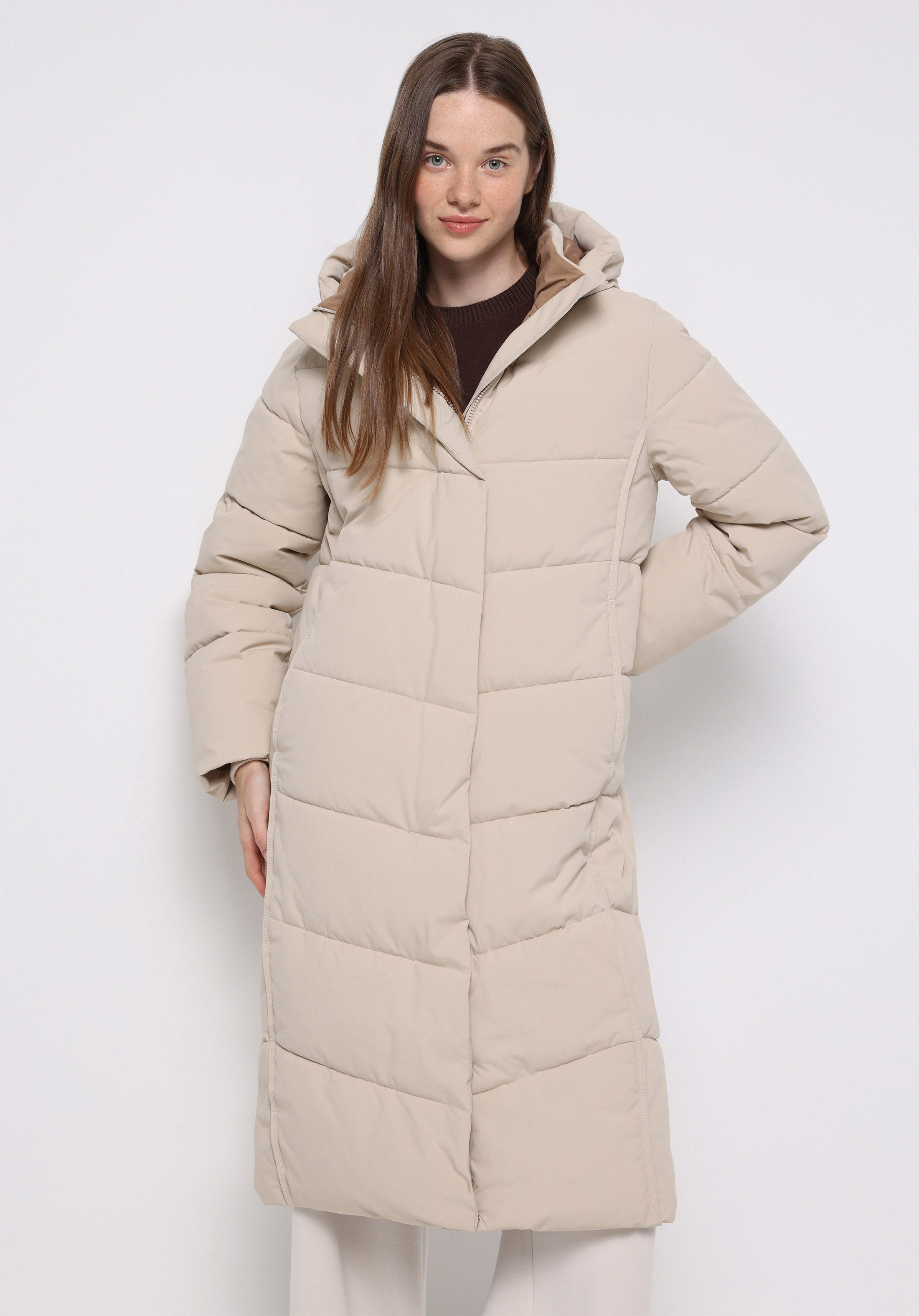 Regular Fit Kapüşonlu Fermuarlı Astarlı Suya Dayanıklı Kadın Ekru Kaban