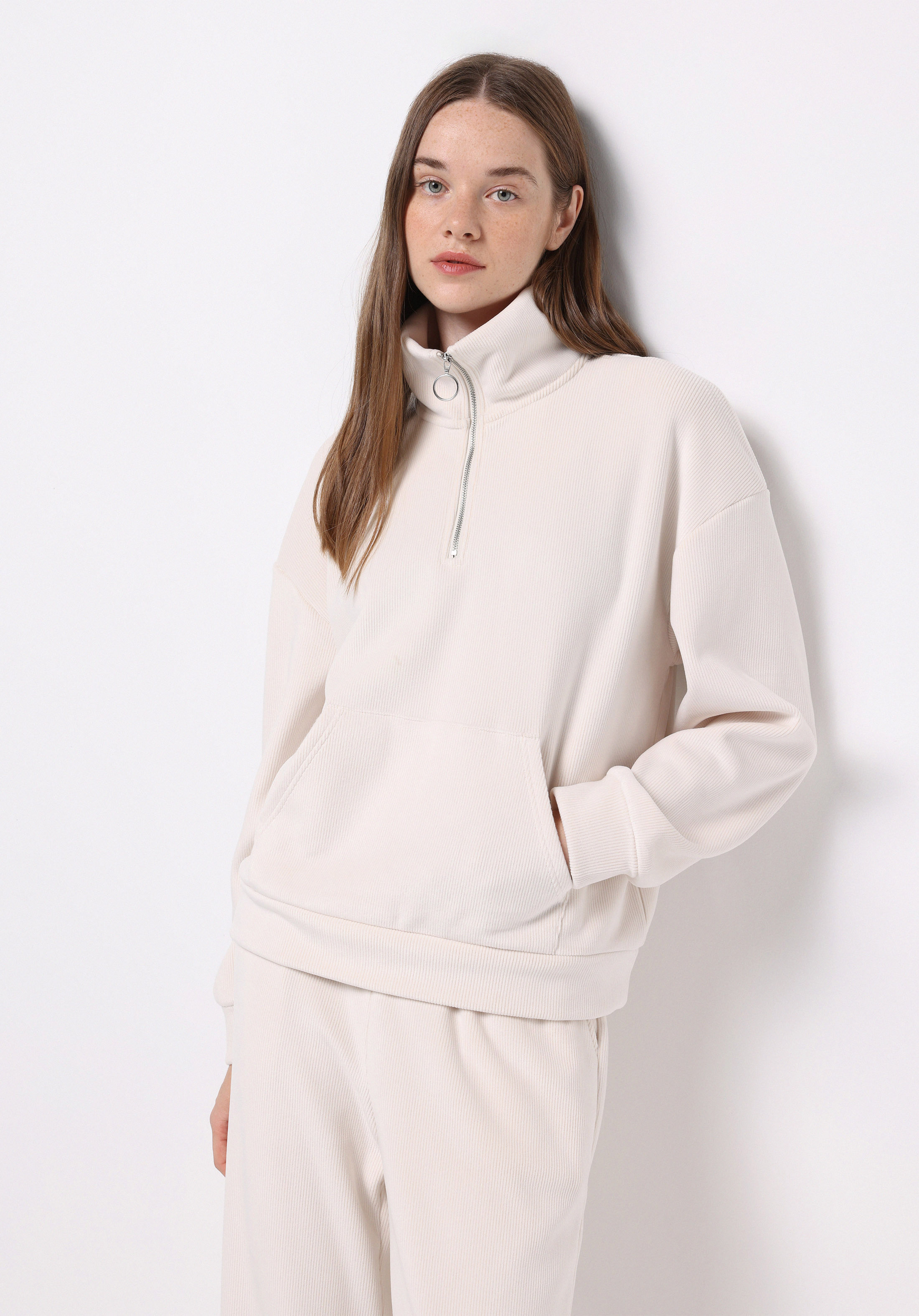 Regular Fit Polo Yaka Kadın Ekru Sweatshirt