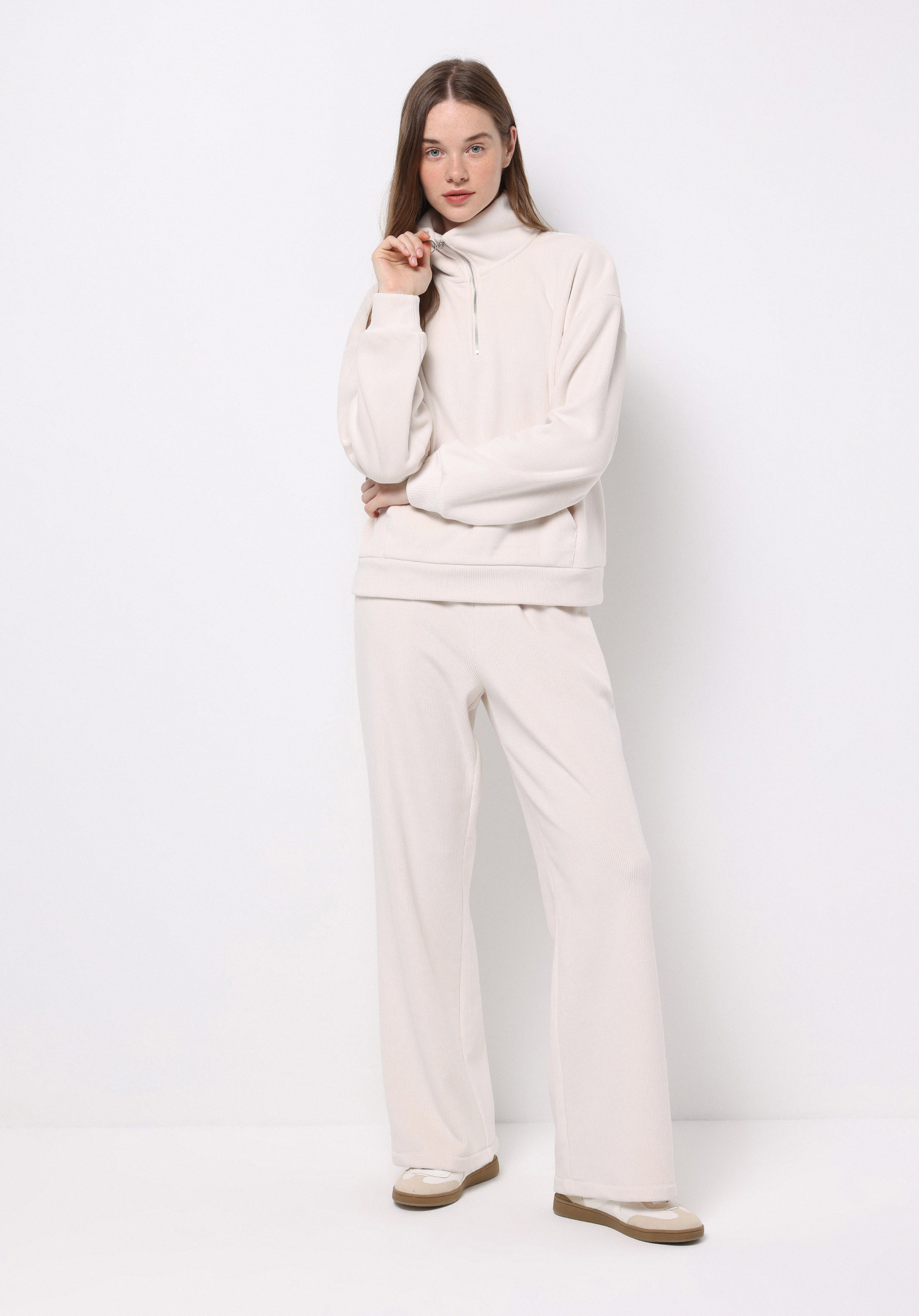 Regular Fit Polo Yaka Kadın Ekru Sweatshirt