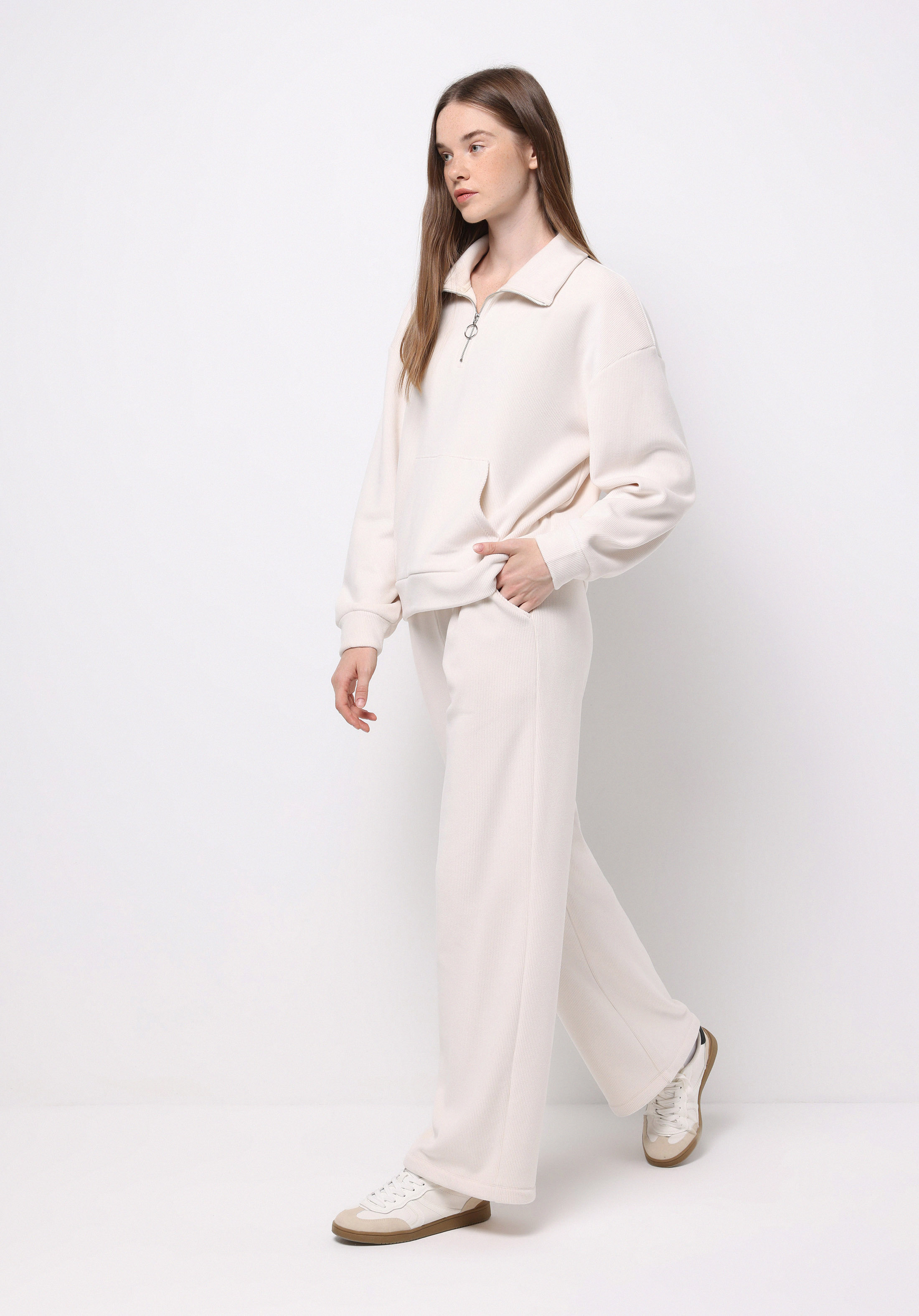 Regular Fit Orta Bel Düz Kadın Ekru Eşofman Altı