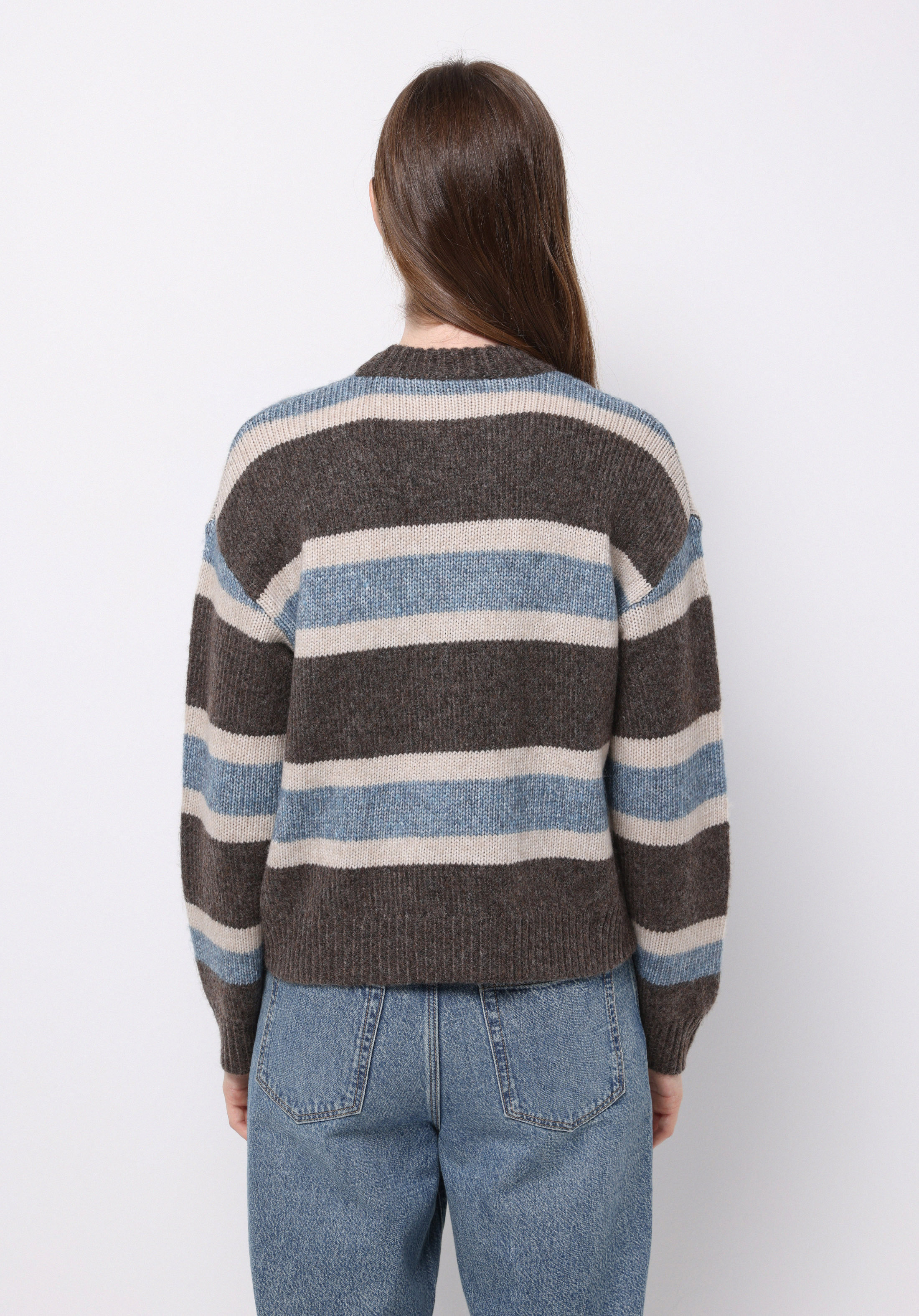 Regular Fit Yuvarlak Yaka Çizgili Kadın Kahverengi Kazak