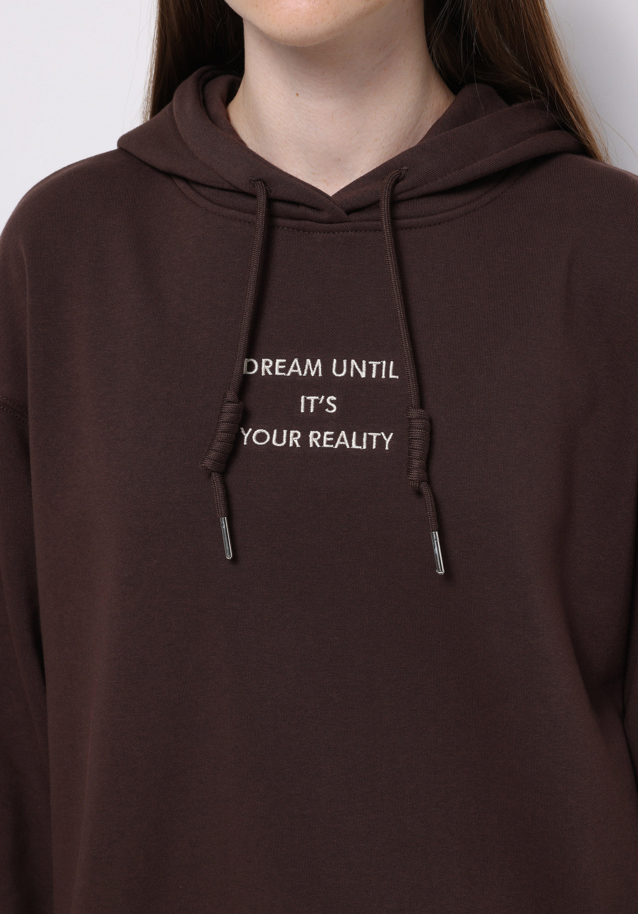 Regular Fit Kapüşonlu Nakışlı Kadın Kahverengi Sweatshirt