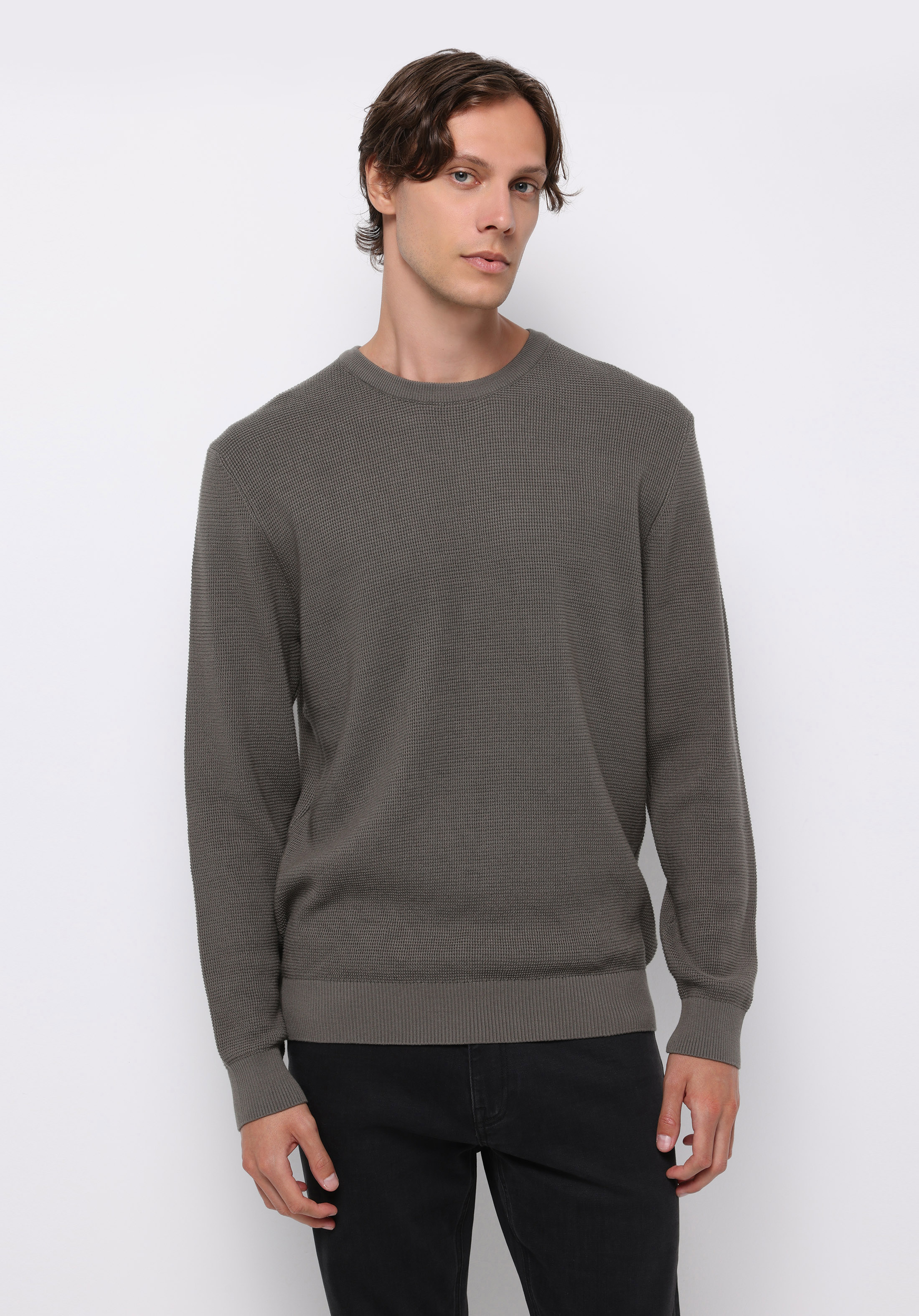 Regular Fit Yuvarlak Yaka Jakarlı Erkek Yeşil Kazak